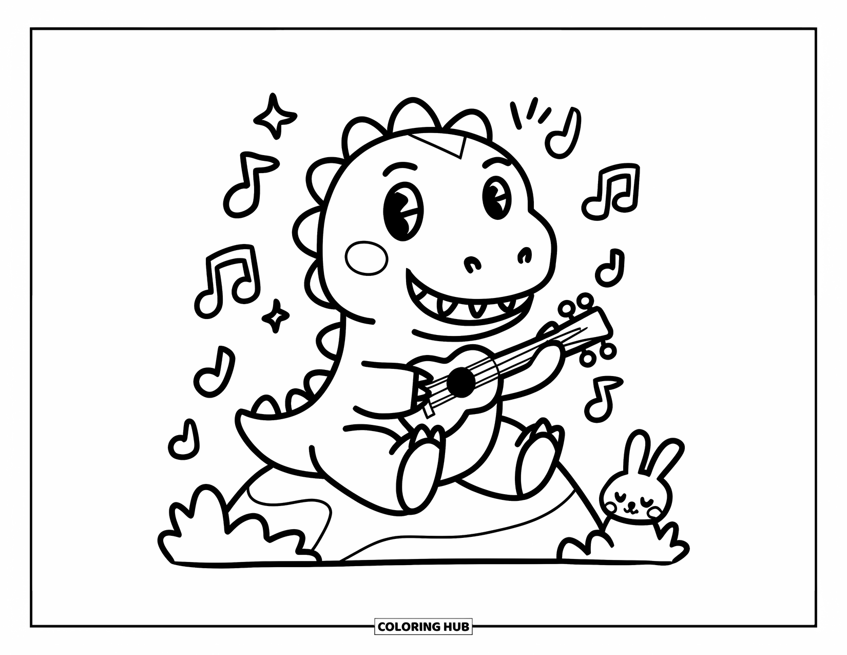 Dinosaur Coloring Page for Adults: A dino surfs a wave with a wide smile and a fish jumping nearby