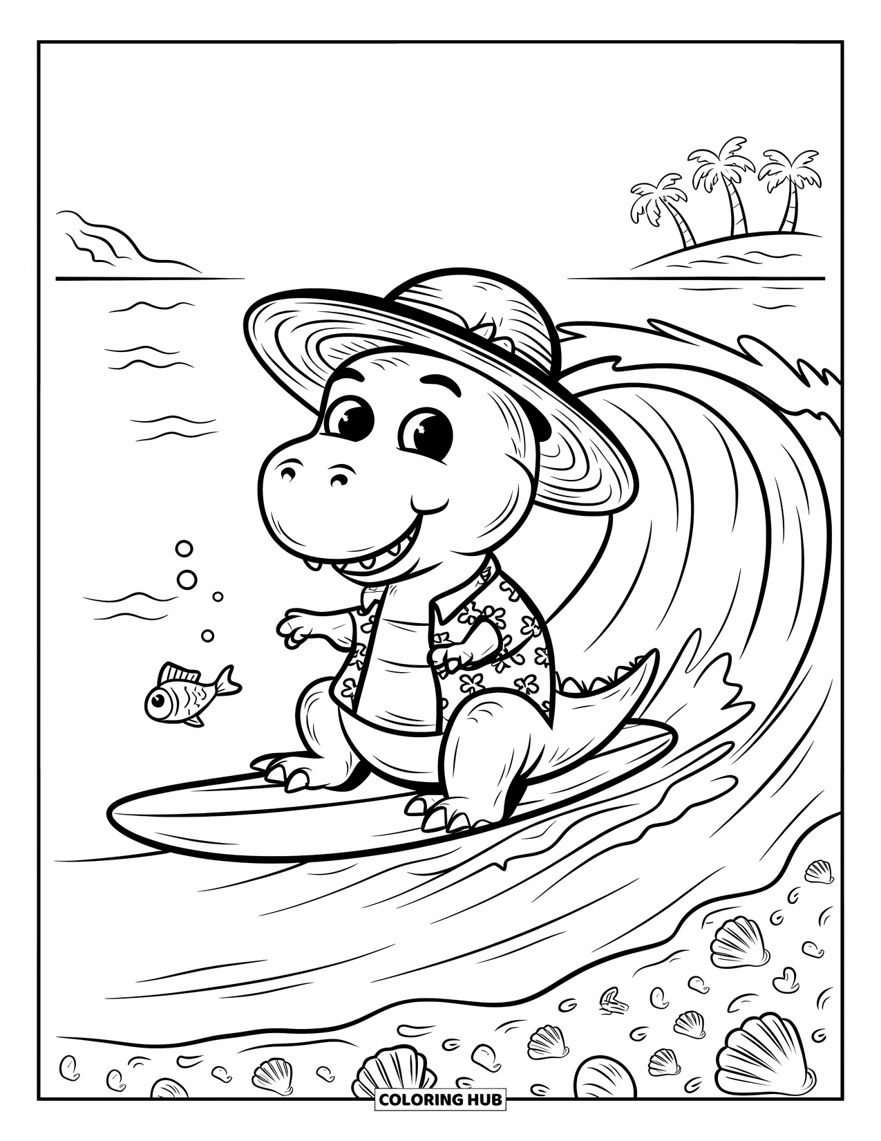 Dinosaur Coloring Page for Adults: A dino surfs happily while a tiny fish leaps from the water