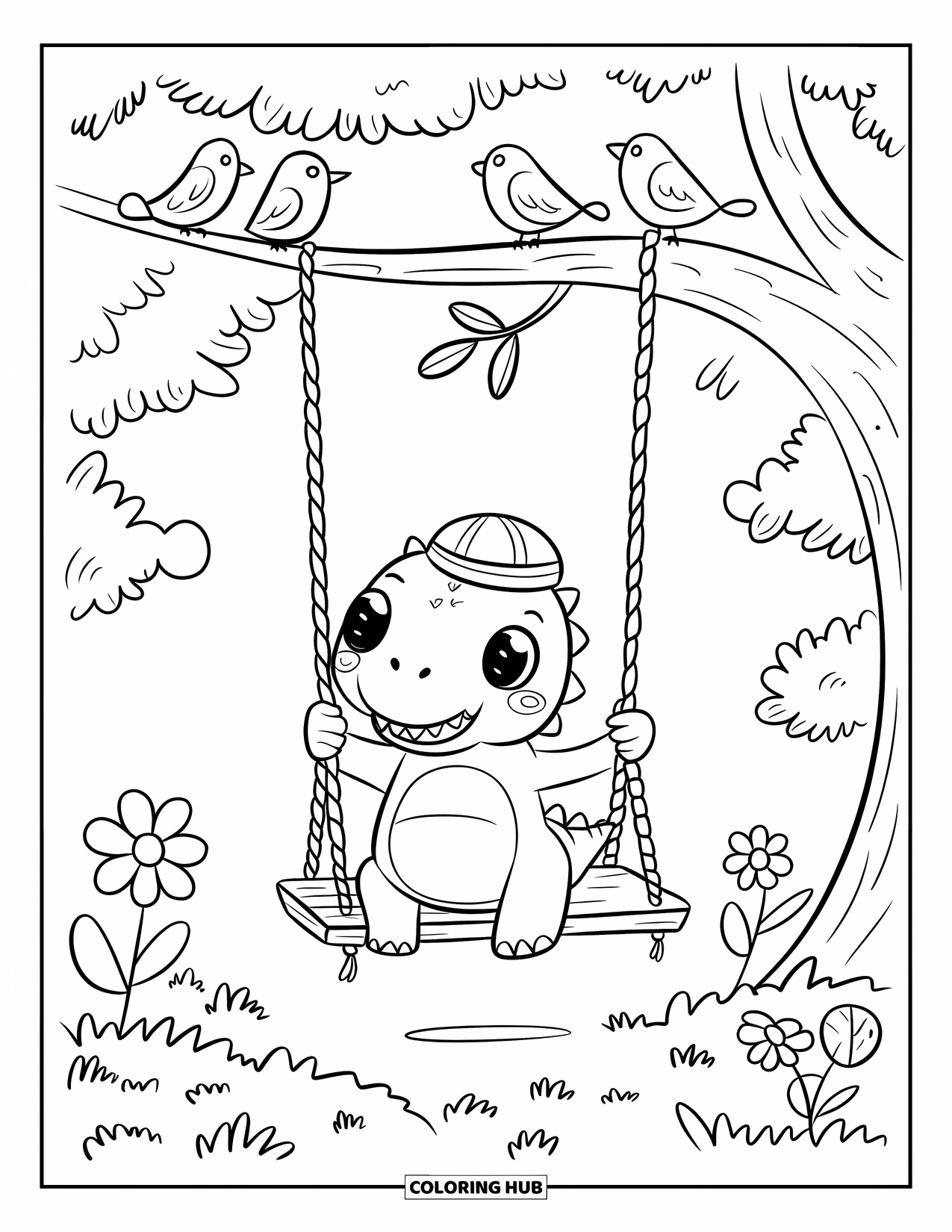 Dinosaur Coloring Page for Adults: A dino with a green scarf swings under a tree with flowers below