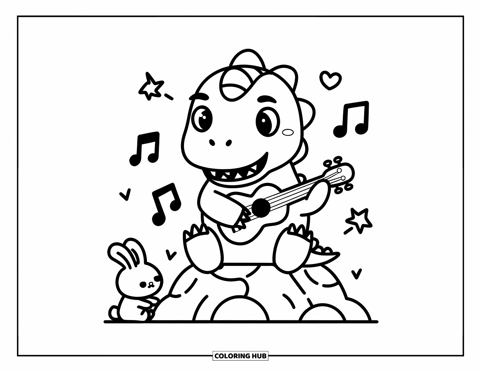 Dinosaur Coloring Page for Adults: A dino with a smile plays a ukulele as a bunny listens