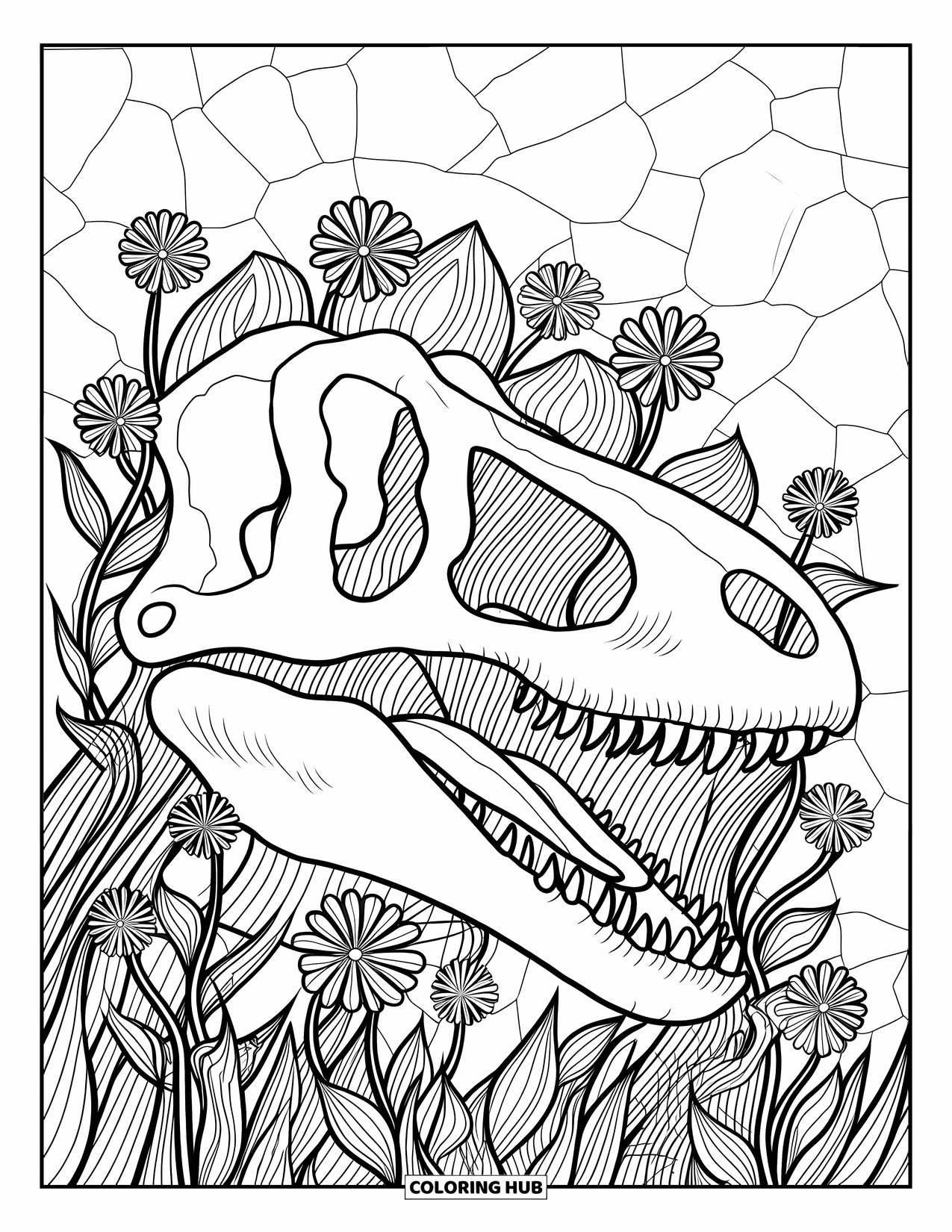 Dinosaur Coloring Page for Adults: A dinosaur skull surrounded by blooming flowers and intricate patterns