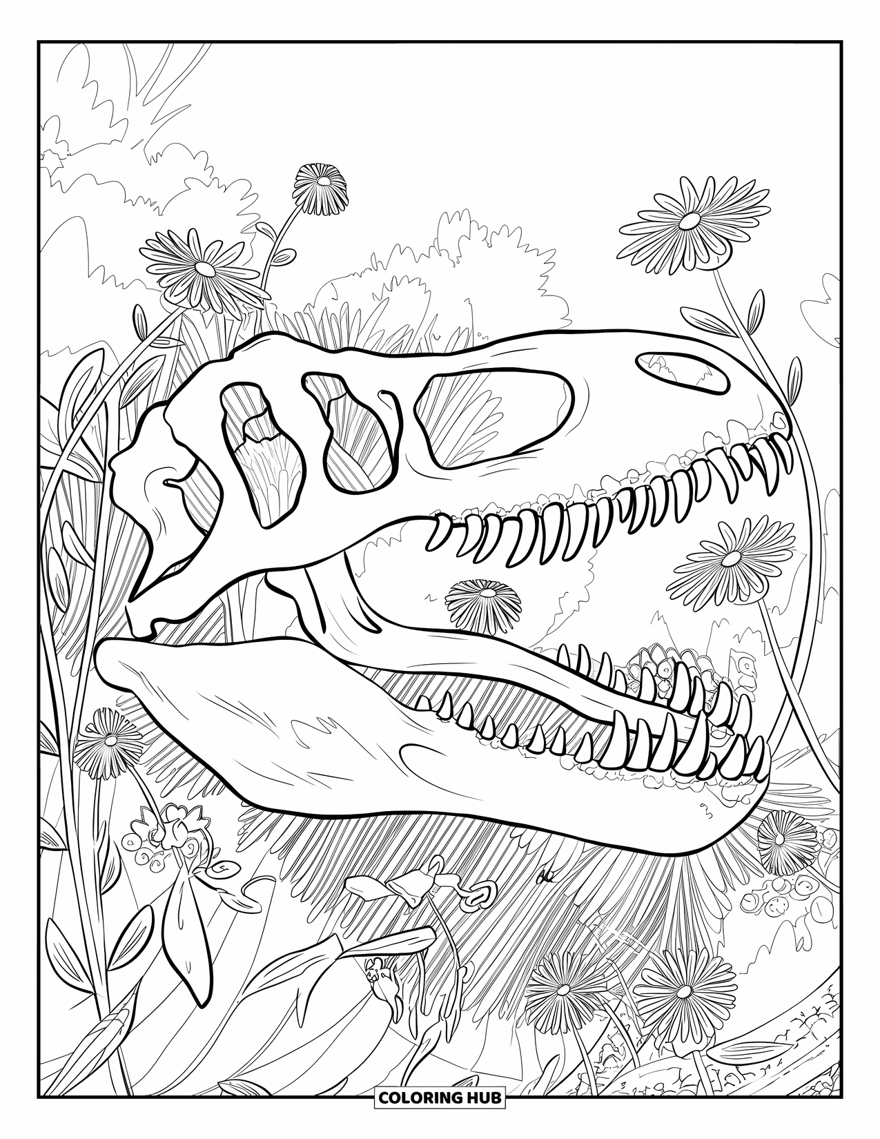Dinosaur Coloring Page for Adults: A dinosaur skull with flowers sits in a lush, overgrown scene