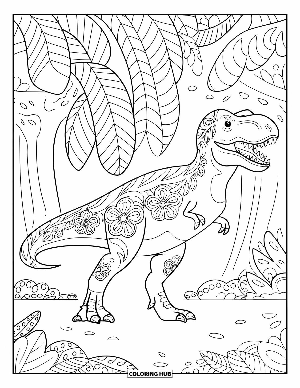 Dinosaur Coloring Page for Adults: A floral-patterned T-Rex stands among large ferns and plants