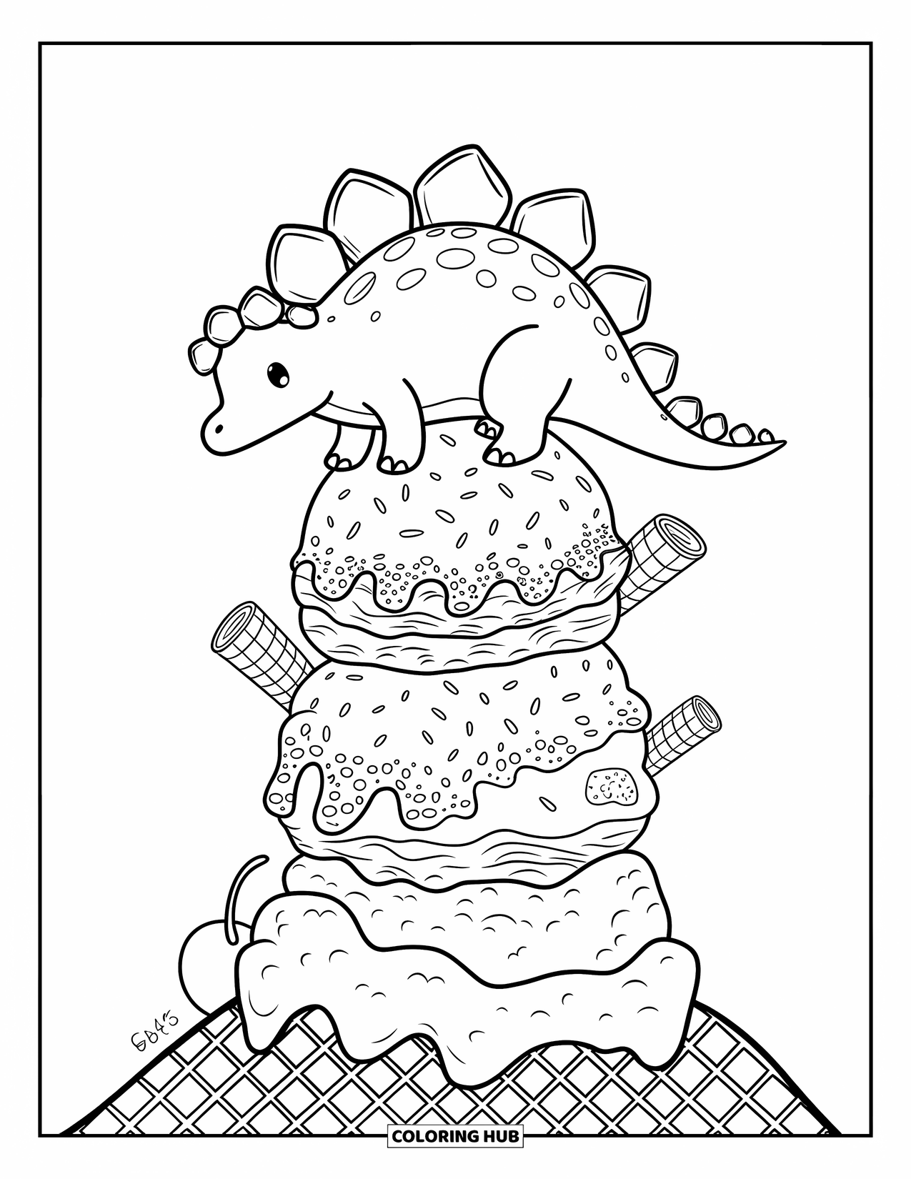 Dinosaur Coloring Page for Adults: A happy dino climbs ice cream scoops with sprinkles and a cherry on top