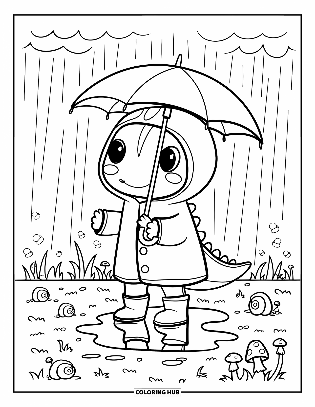 Dinosaur Coloring Page for Adults: A happy dino in boots and a raincoat stands with an umbrella