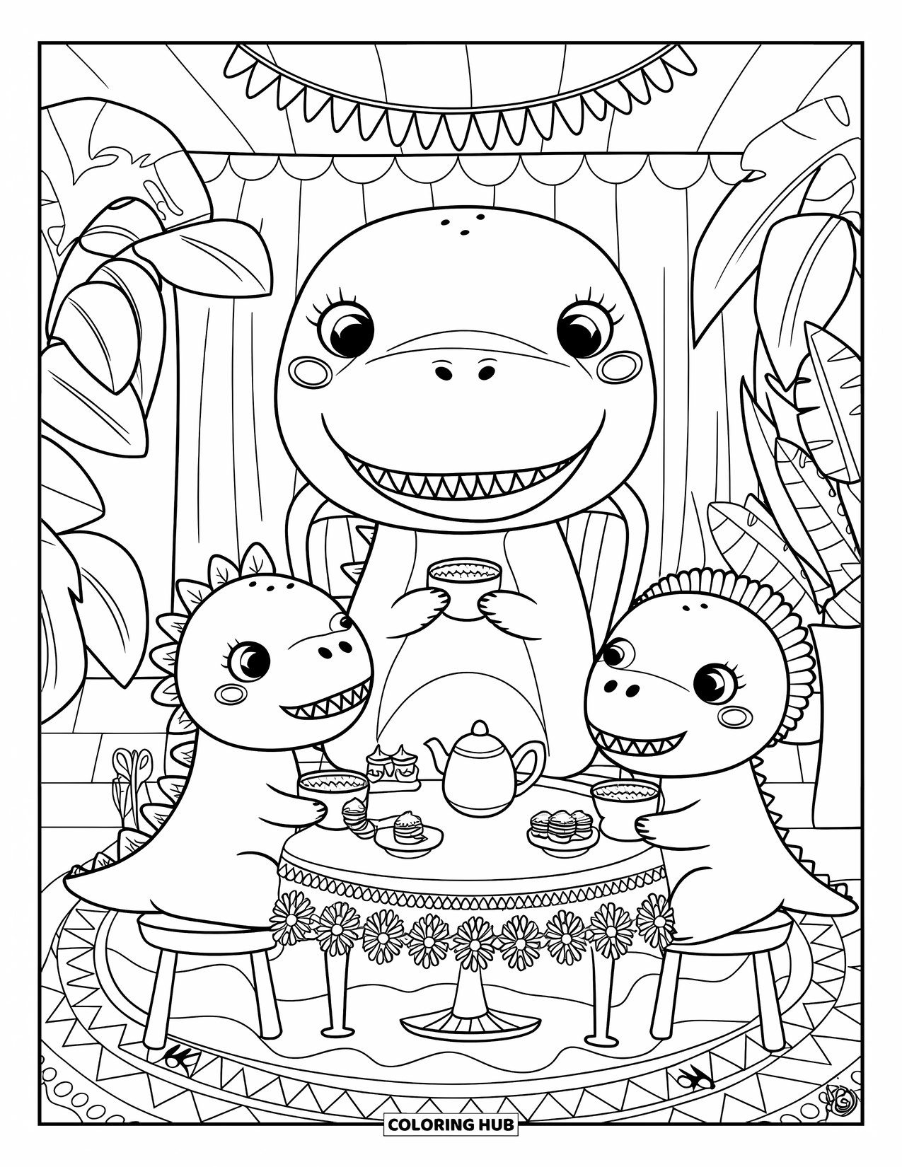 Dinosaur Coloring Page for Adults: A happy dino in boots holds an umbrella with snails nearby