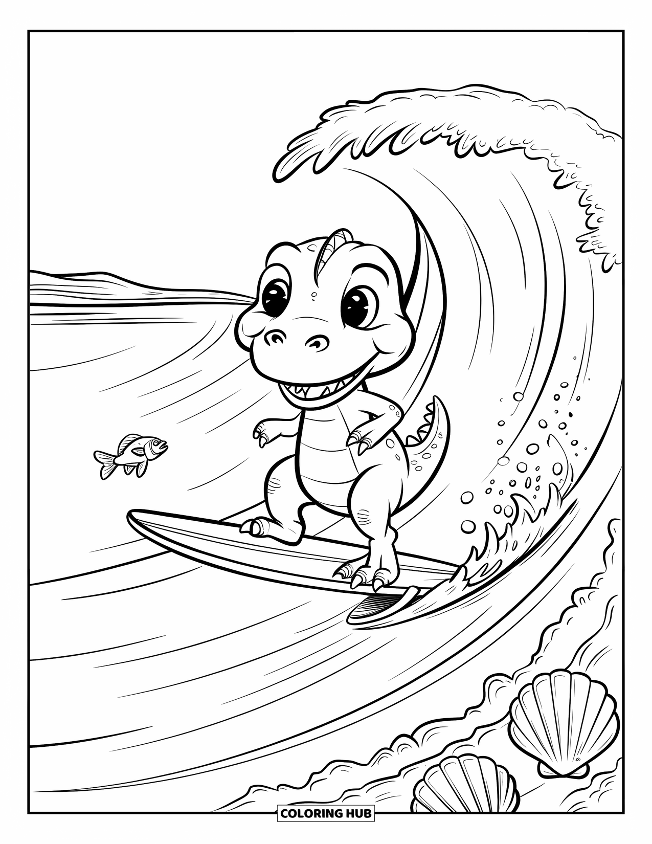Dinosaur Coloring Page for Adults: A happy dino surfs with a straw hat and a fish jumping close by