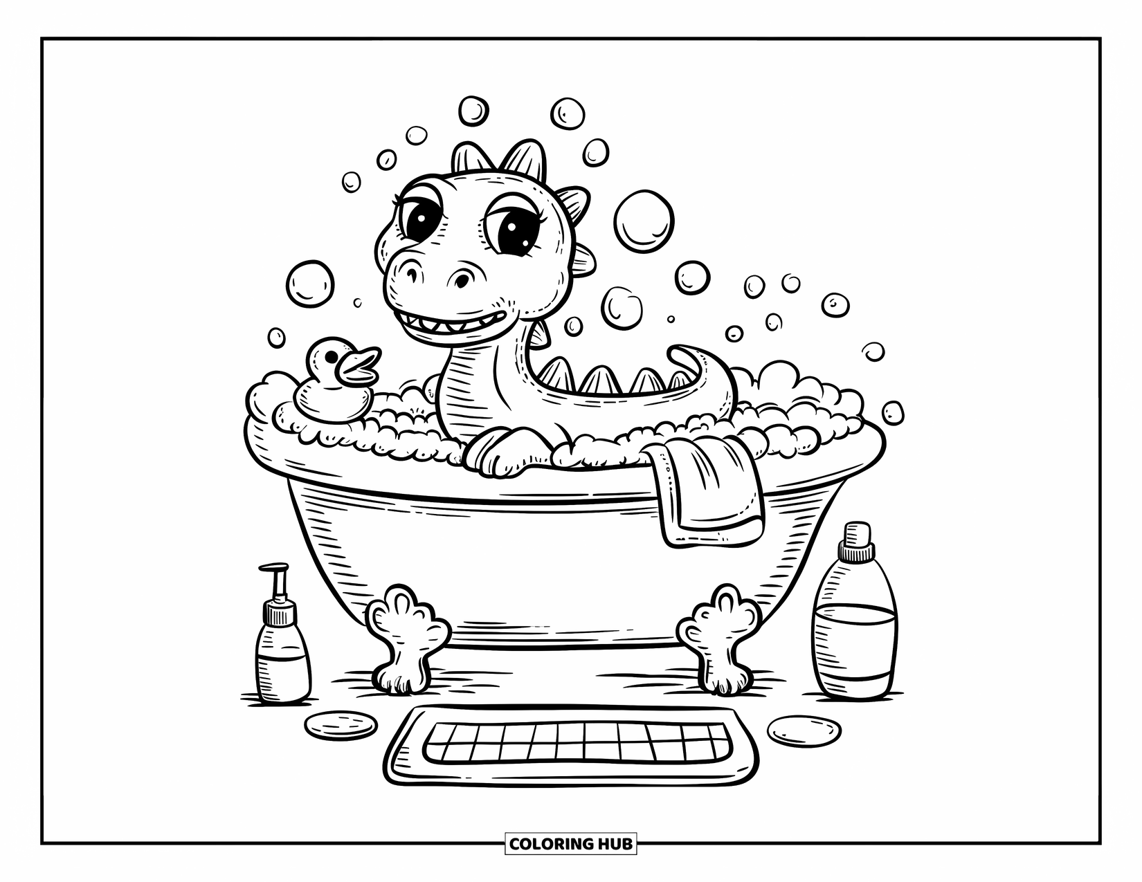 Dinosaur Coloring Page for Adults: A little dino in a raincoat and boots holds an umbrella by puddles and snails