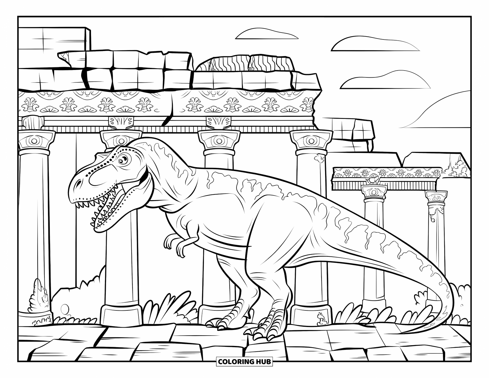 Dinosaur Coloring Page for Adults: A moss-covered T-Rex merges with an ancient temple ruin