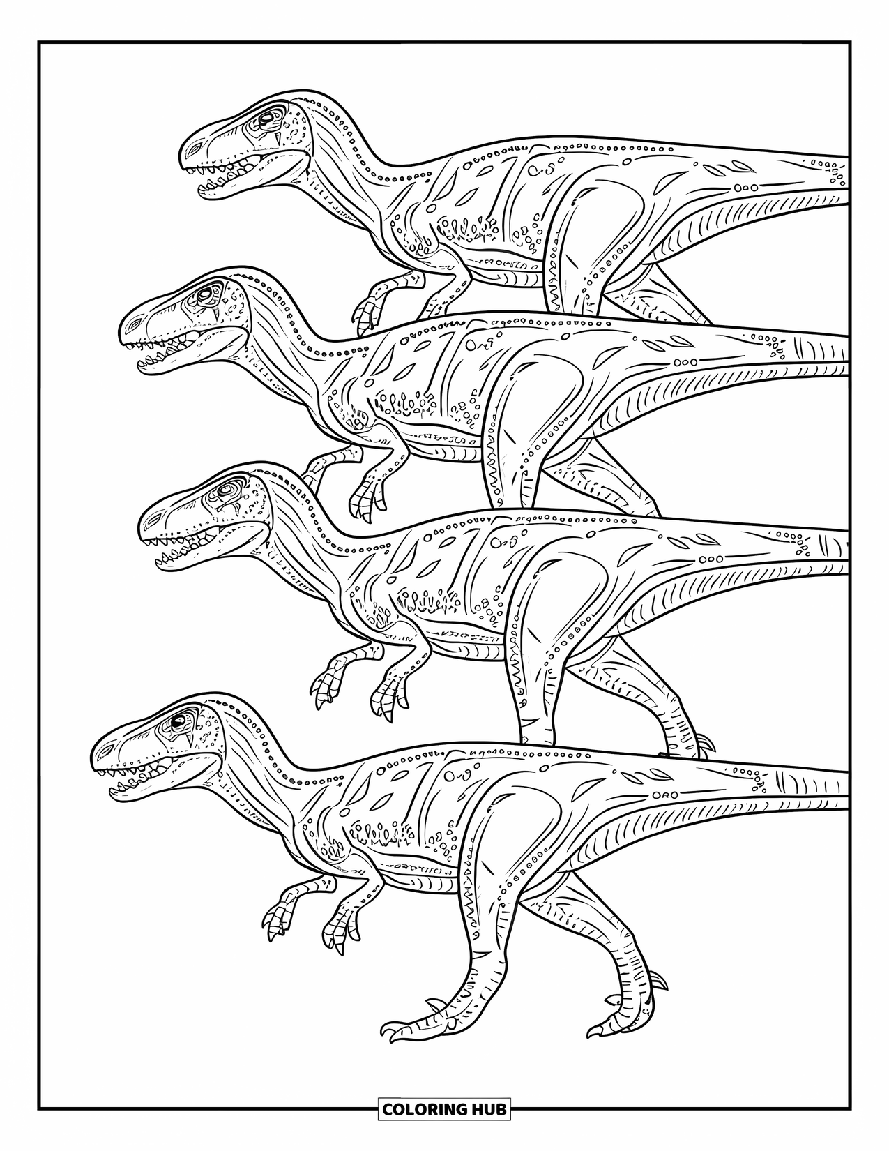 Dinosaur Coloring Page for Adults: A pack of Velociraptors moves in unison with intricate patterns on their bodies