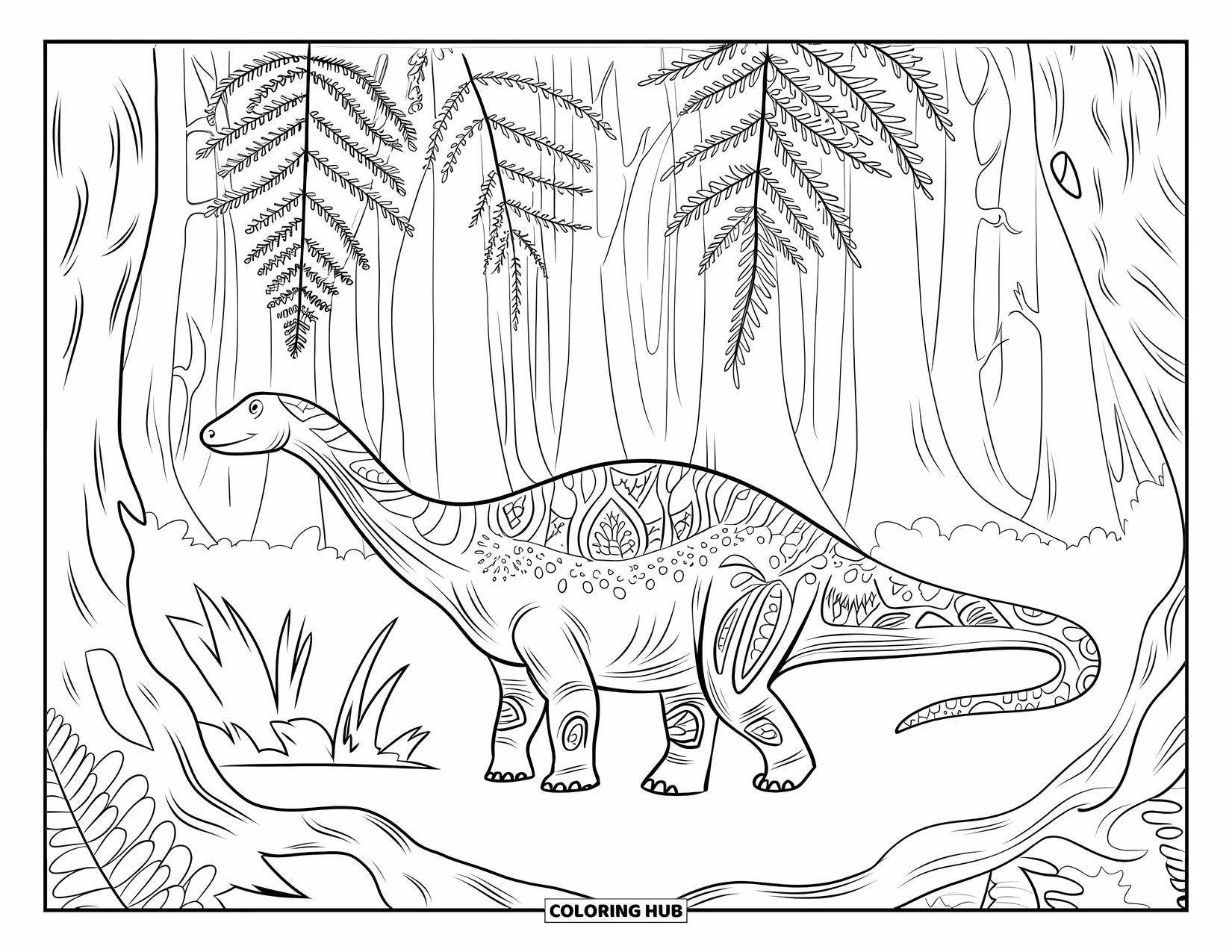 Dinosaur Coloring Page for Adults: A Parasaurolophus with filigree details stands in a dense prehistoric forest