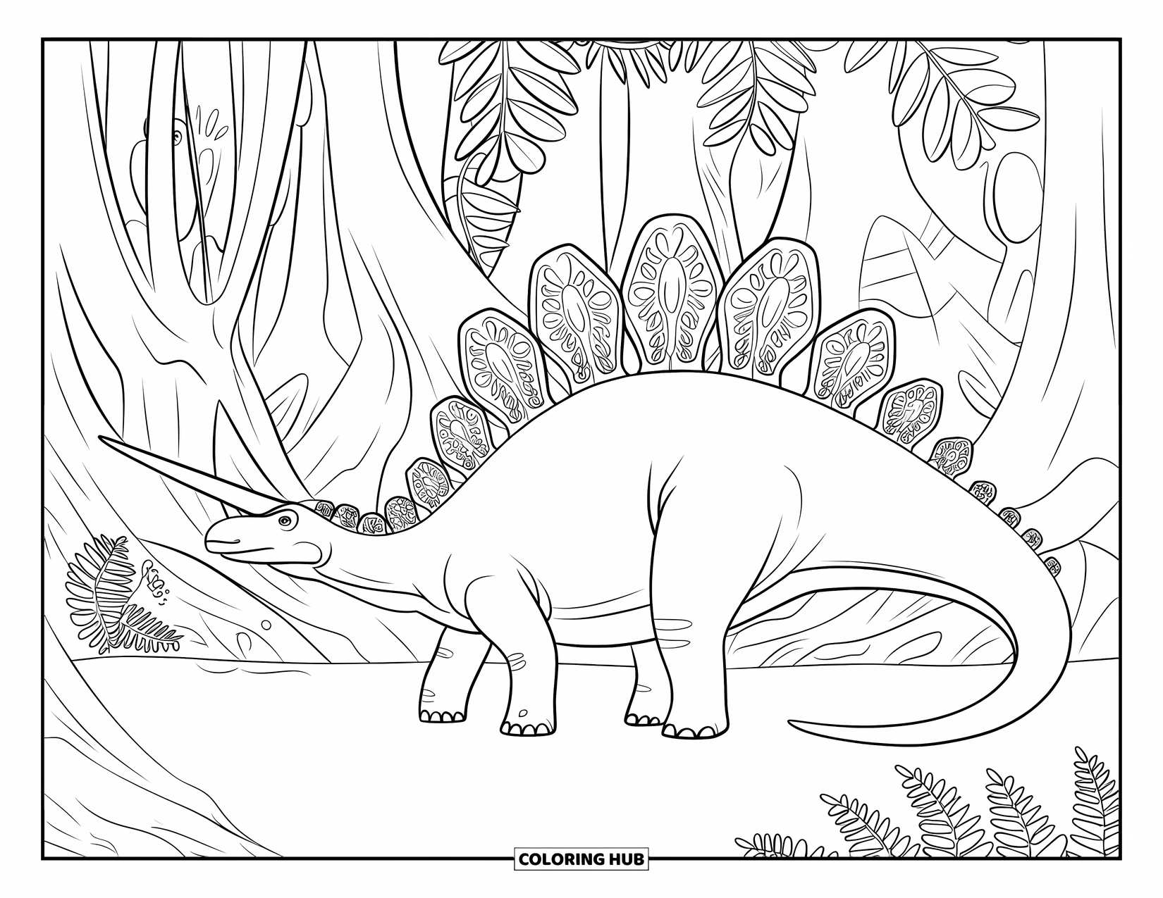 Dinosaur Coloring Page for Adults: A Parasaurolophus with filigree details stands in a forest with twisting roots