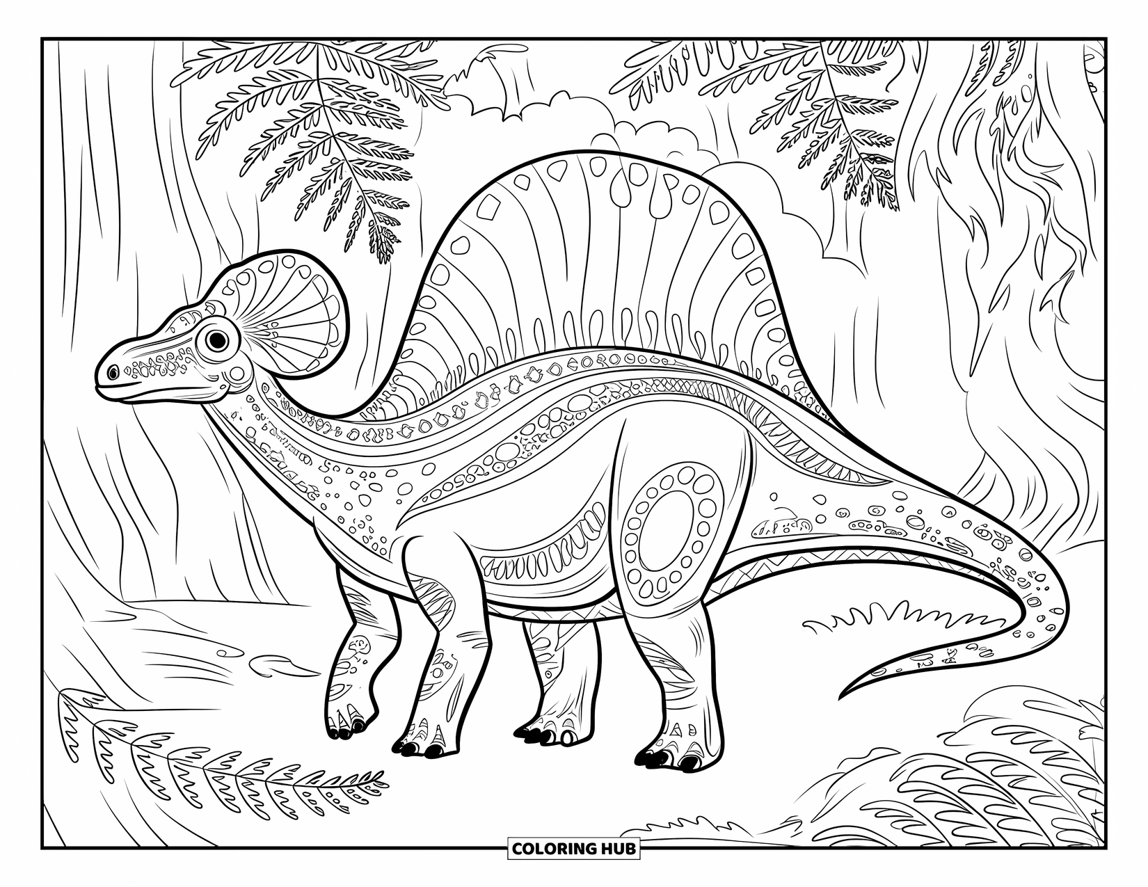 Dinosaur Coloring Page for Adults: A Parasaurolophus with patterns stands among ferns and twisting roots