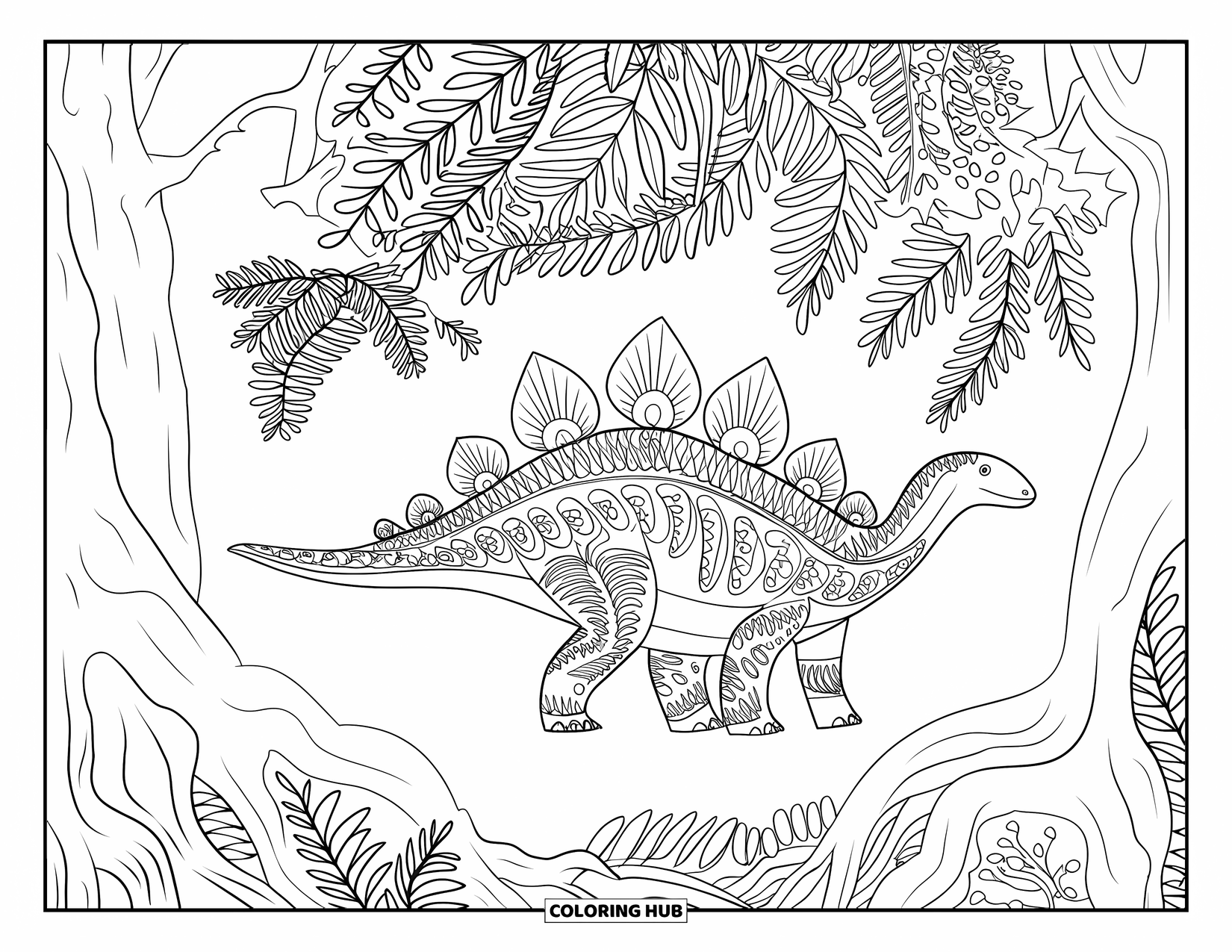 Dinosaur Coloring Page for Adults: A patterned Parasaurolophus stands in a forest of ferns and roots