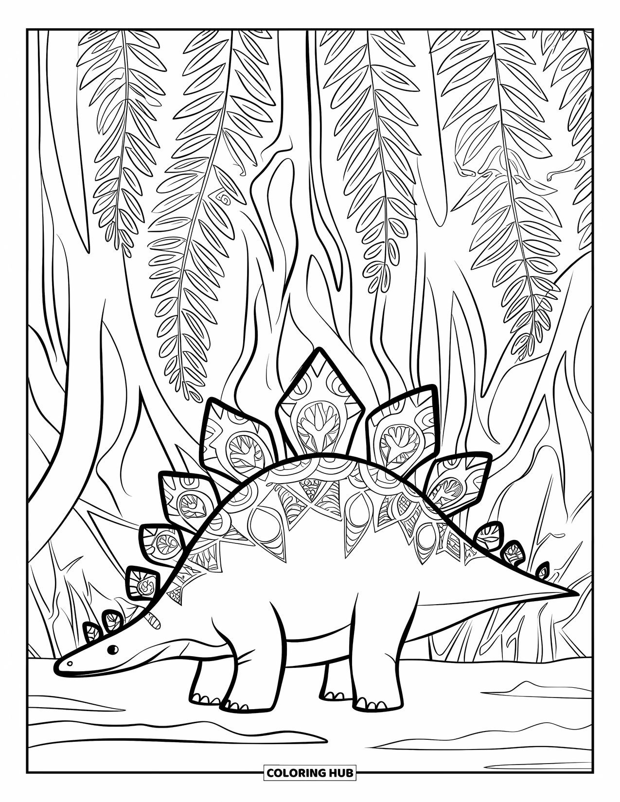 Dinosaur Coloring Page for Adults: A patterned Stegosaurus stands by ferns with intricate roots around