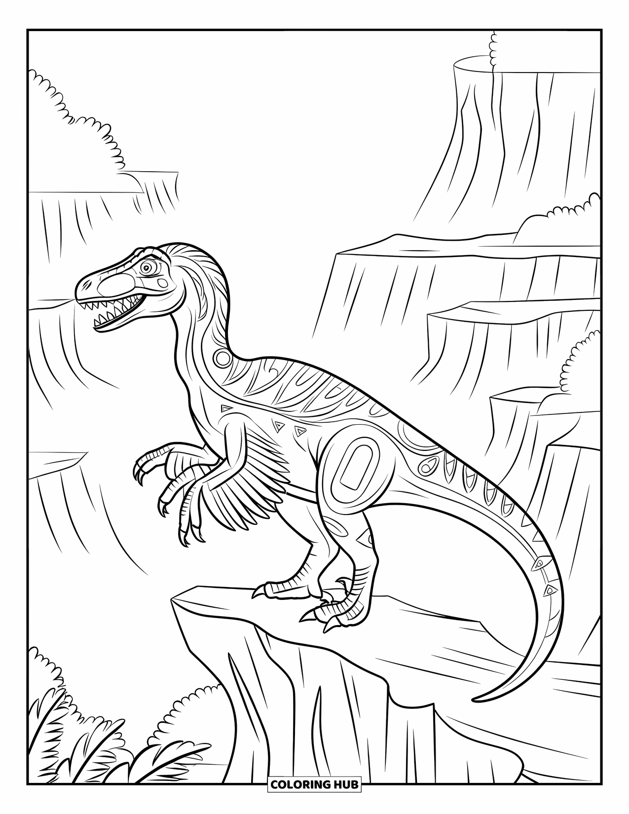 Dinosaur Coloring Page for Adults: A patterned Velociraptor sits on a ledge overlooking a misty valley