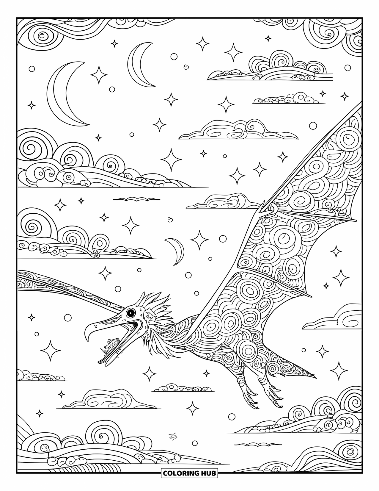 Dinosaur Coloring Page for Adults: A Pteranodon flies through a starry sky with clouds and crescent moons