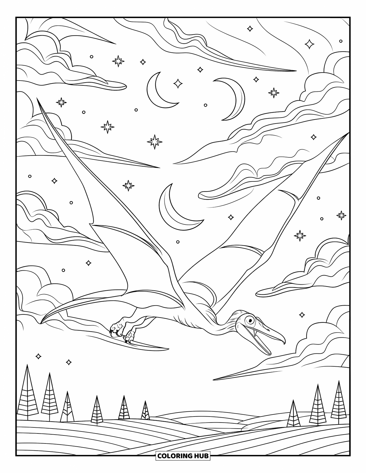 Dinosaur Coloring Page for Adults: A Pteranodon soars through a night sky with swirling clouds and stars