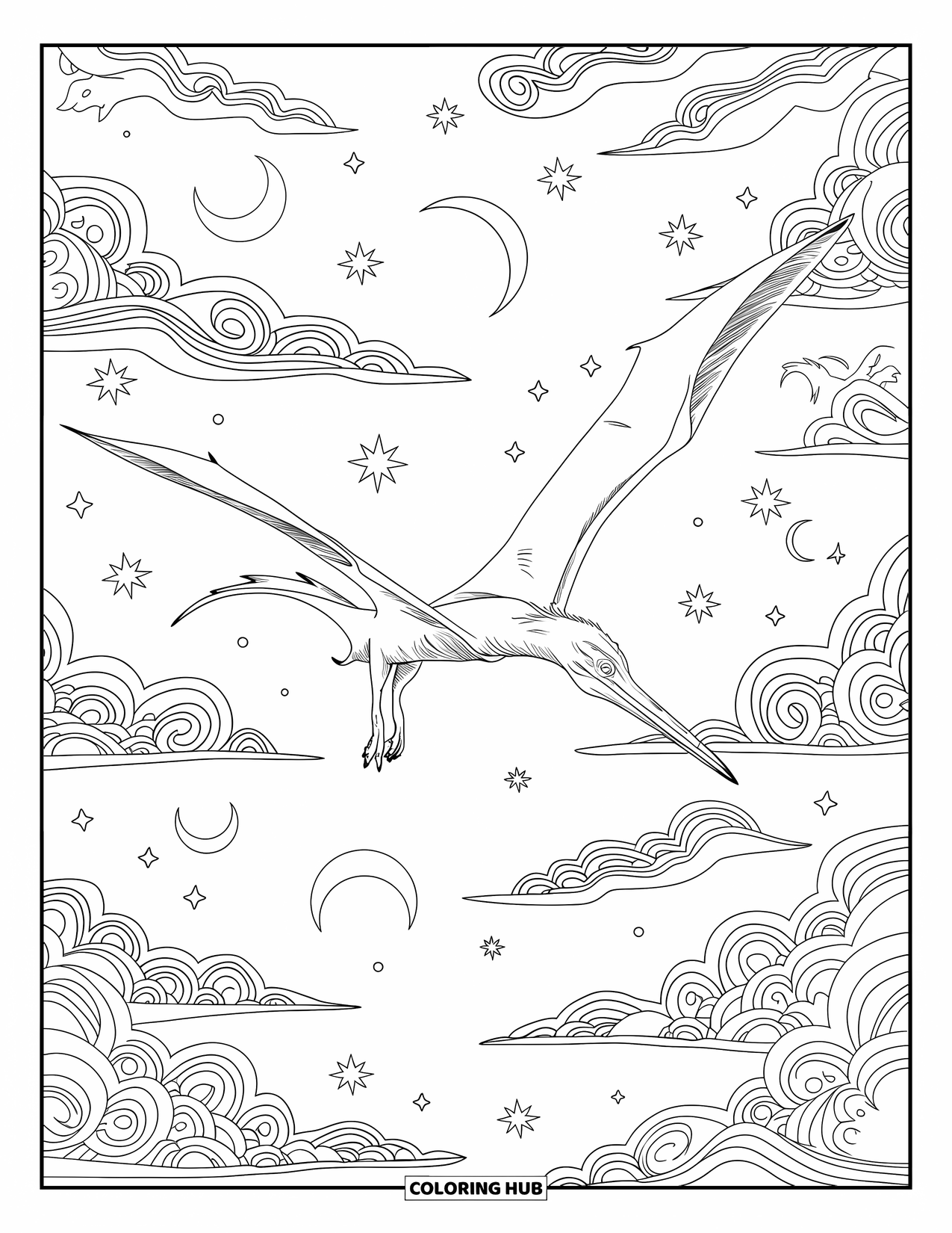 Dinosaur Coloring Page for Adults: A Pteranodon with a sharp beak flies through clouds and stars at night