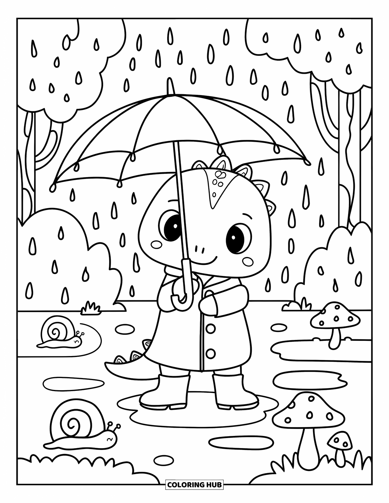 Dinosaur Coloring Page for Adults: A raincoat-wearing dino stands with an umbrella and looks at puddles