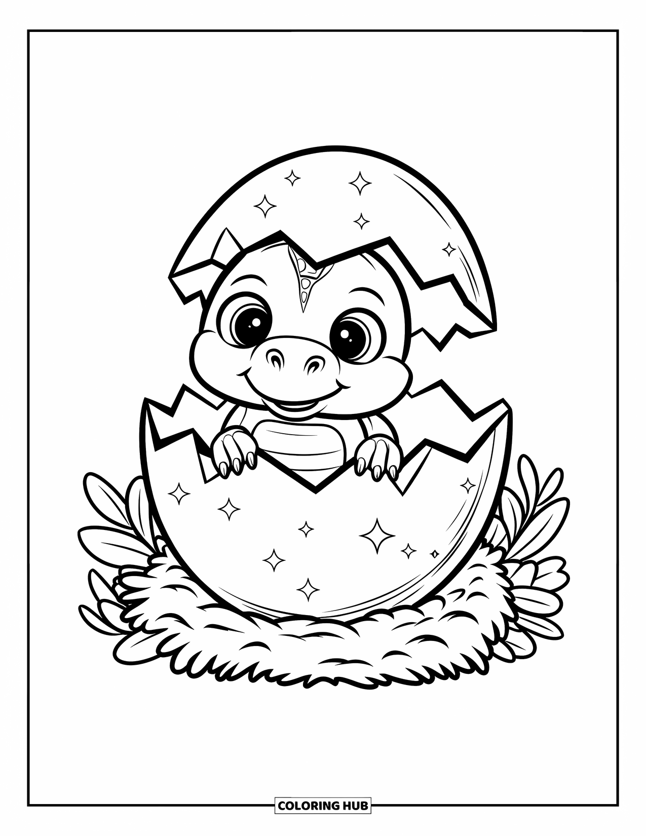 Dinosaur Coloring Page for Adults: A round baby dino peeks from a cracked egg in a soft nest
