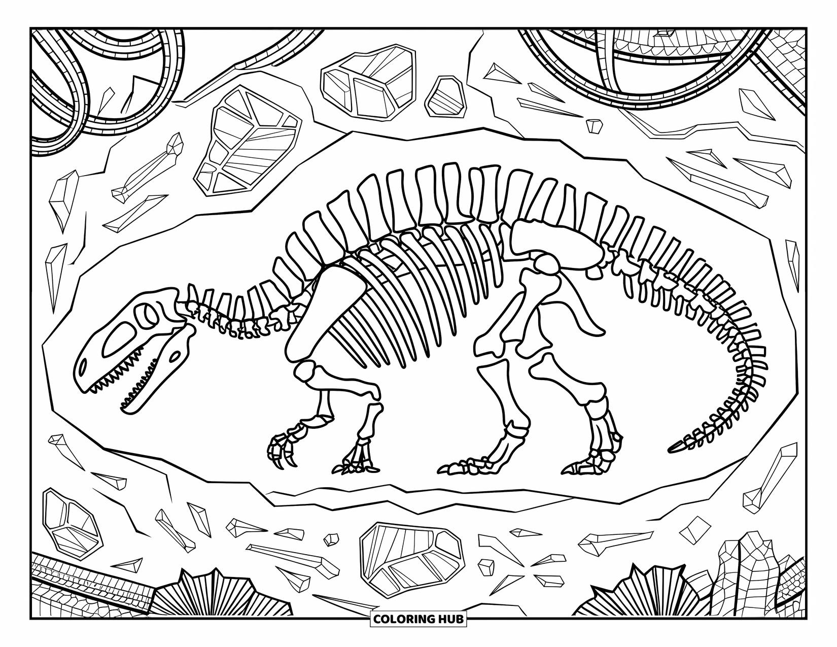 Dinosaur Coloring Page for Adults: A skeleton in rock with fossils and ancient runes etched in the stone