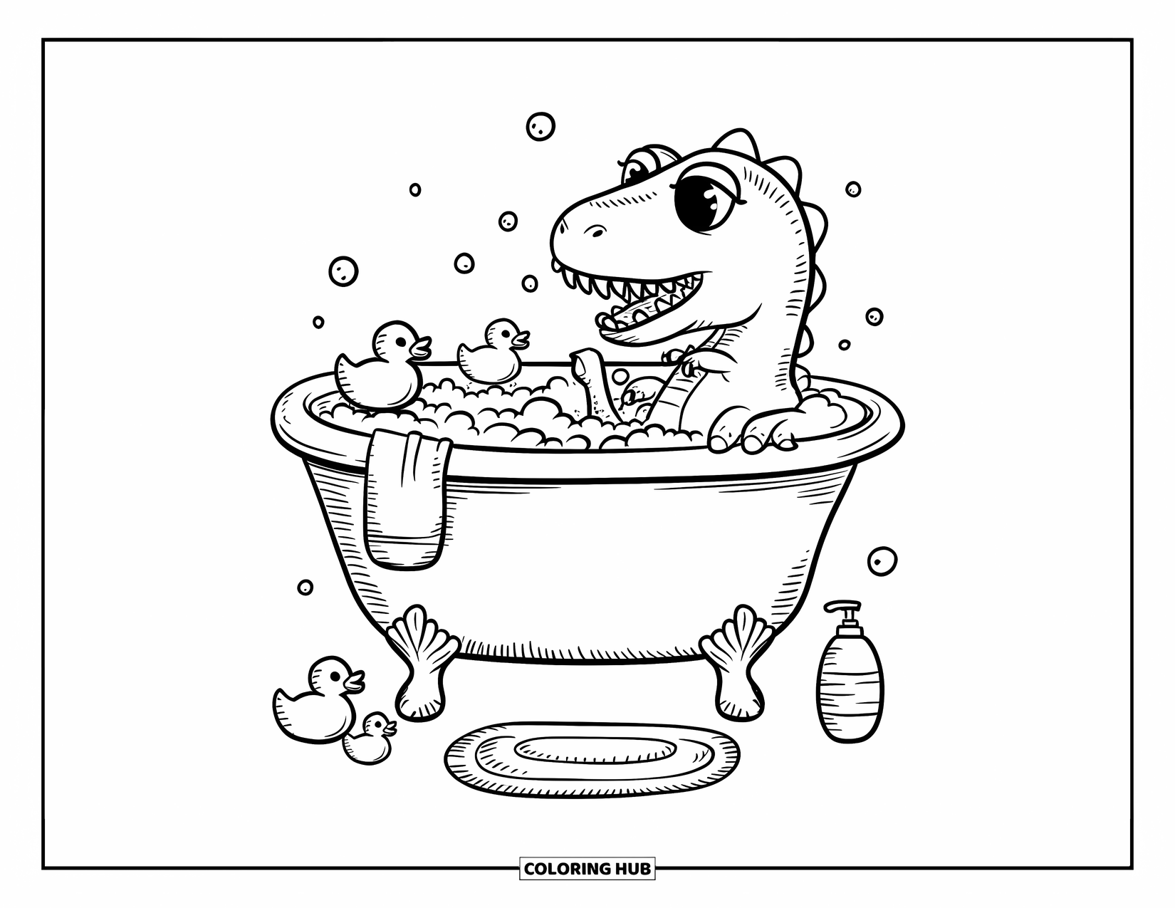 Dinosaur Coloring Page for Adults: A smiling dino takes a bubble bath with rubber duckies floating nearby
