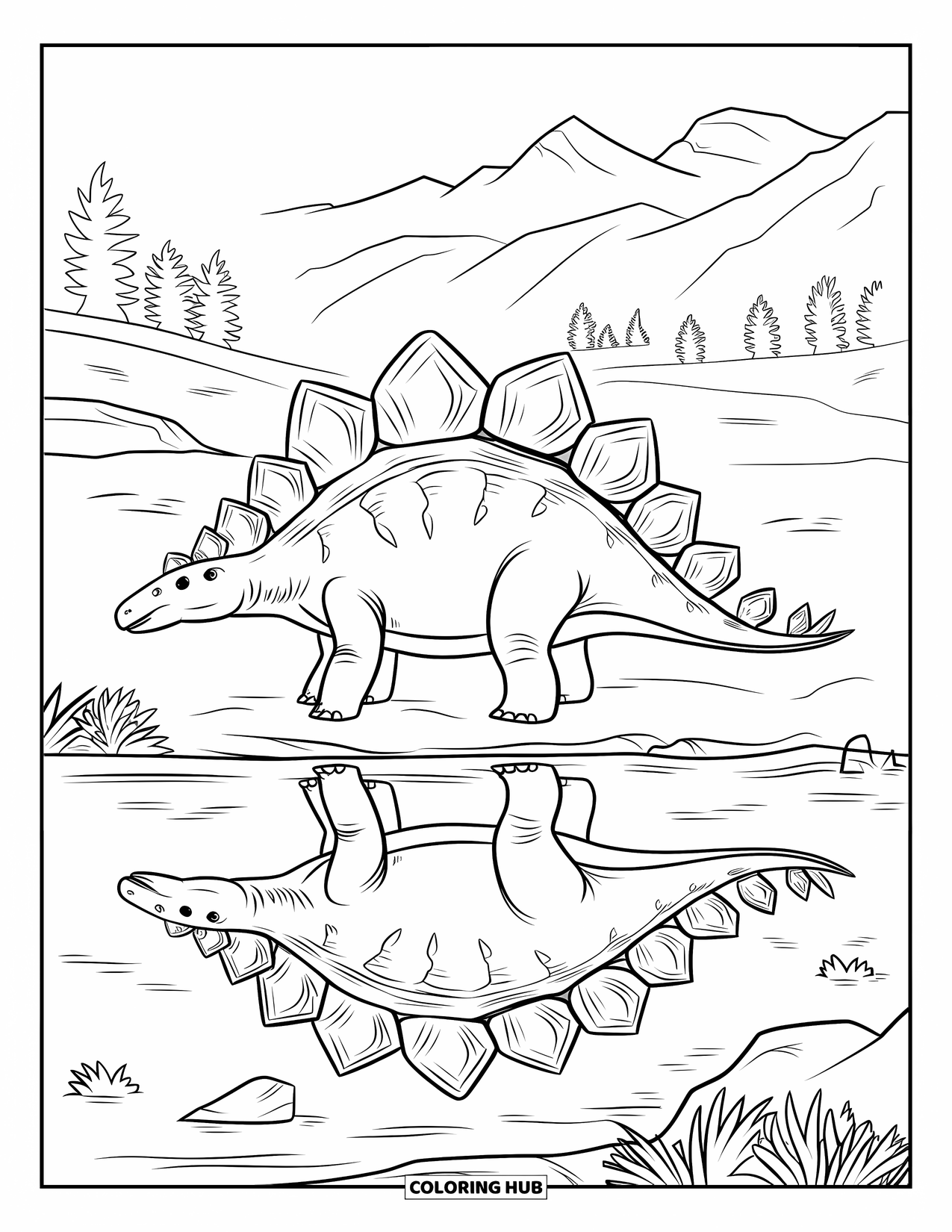 Dinosaur Coloring Page for Adults: A Stegosaurus by a riverbank reflects artistic patterns on its plates