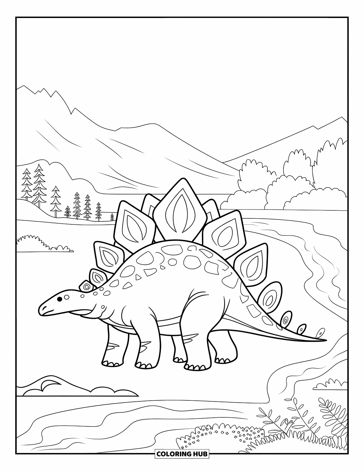 Dinosaur Coloring Page for Adults: A Stegosaurus by a riverbank shows different patterns in its reflection