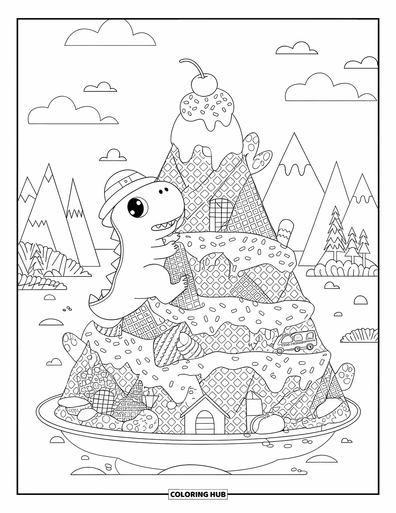 Dinosaur Coloring Page for Adults: A Stegosaurus climbs ice cream scoops topped with sprinkles and a cherry