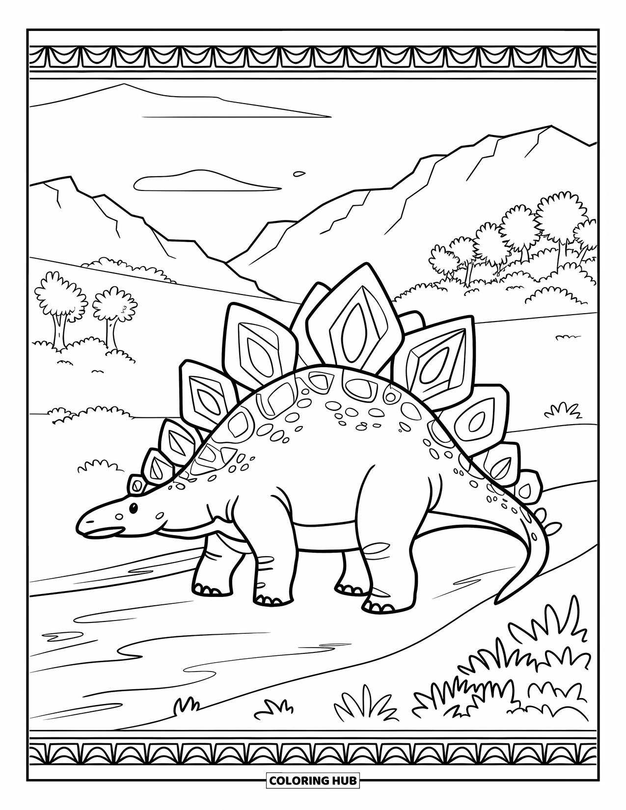 Dinosaur Coloring Page for Adults: A Stegosaurus stands by a riverbank with patterned plates and a border