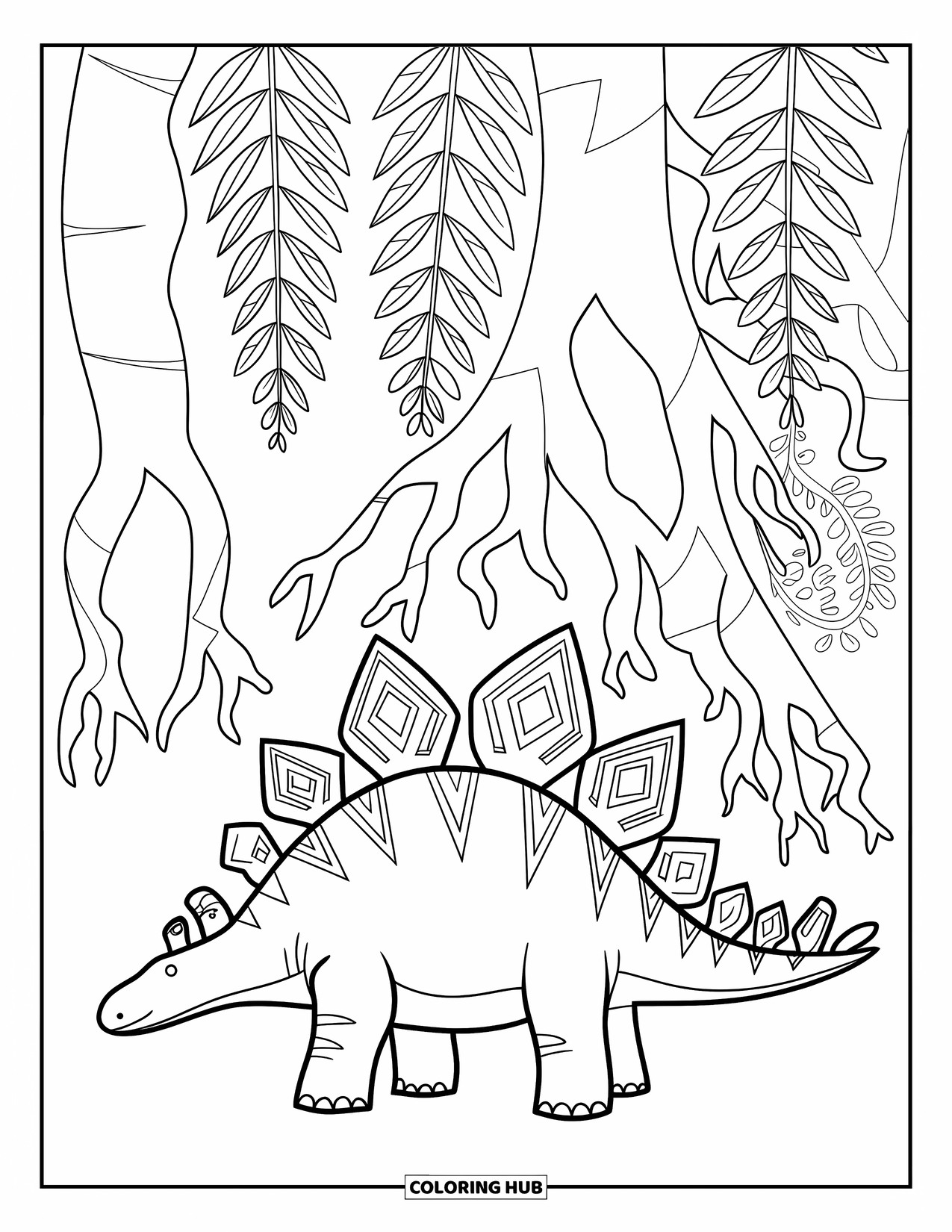 Dinosaur Coloring Page for Adults: A Stegosaurus with tribal designs stands against ferns and winding roots