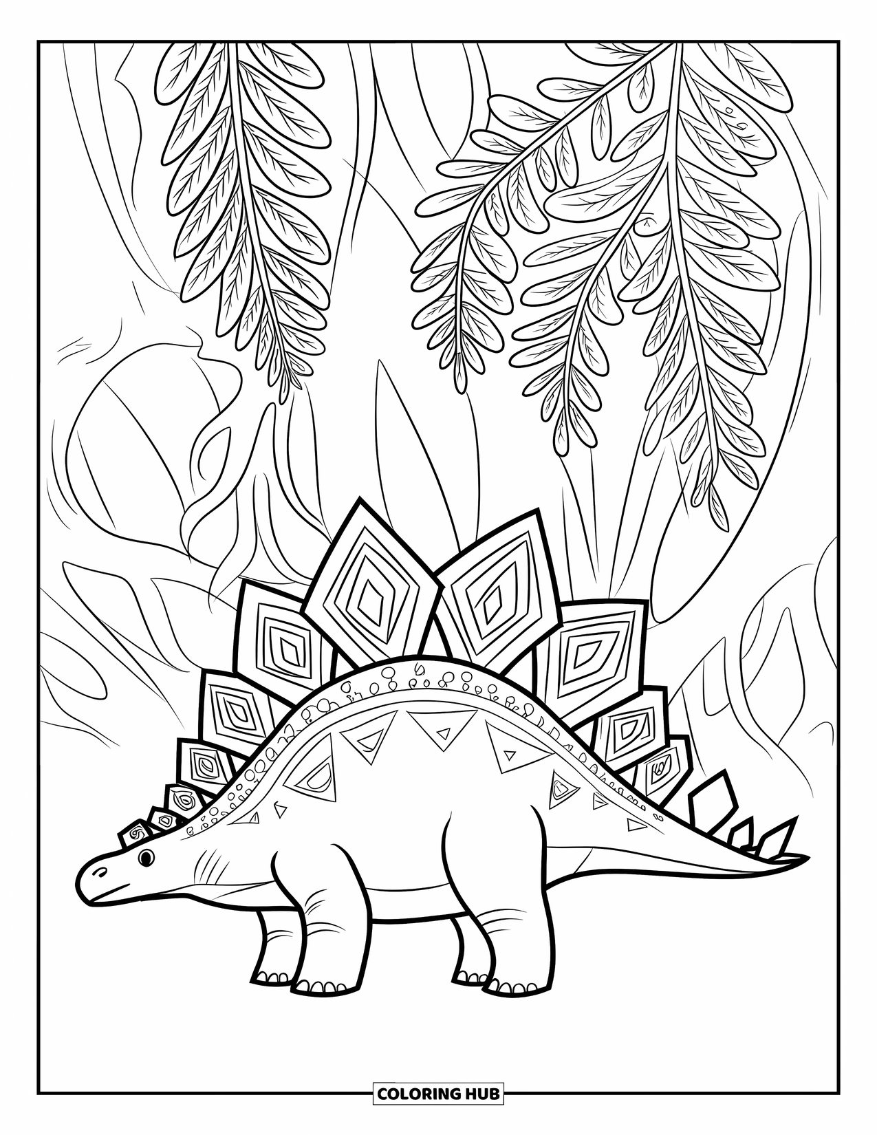Dinosaur Coloring Page for Adults: A Stegosaurus with tribal patterns on its plates stands by ferns and roots