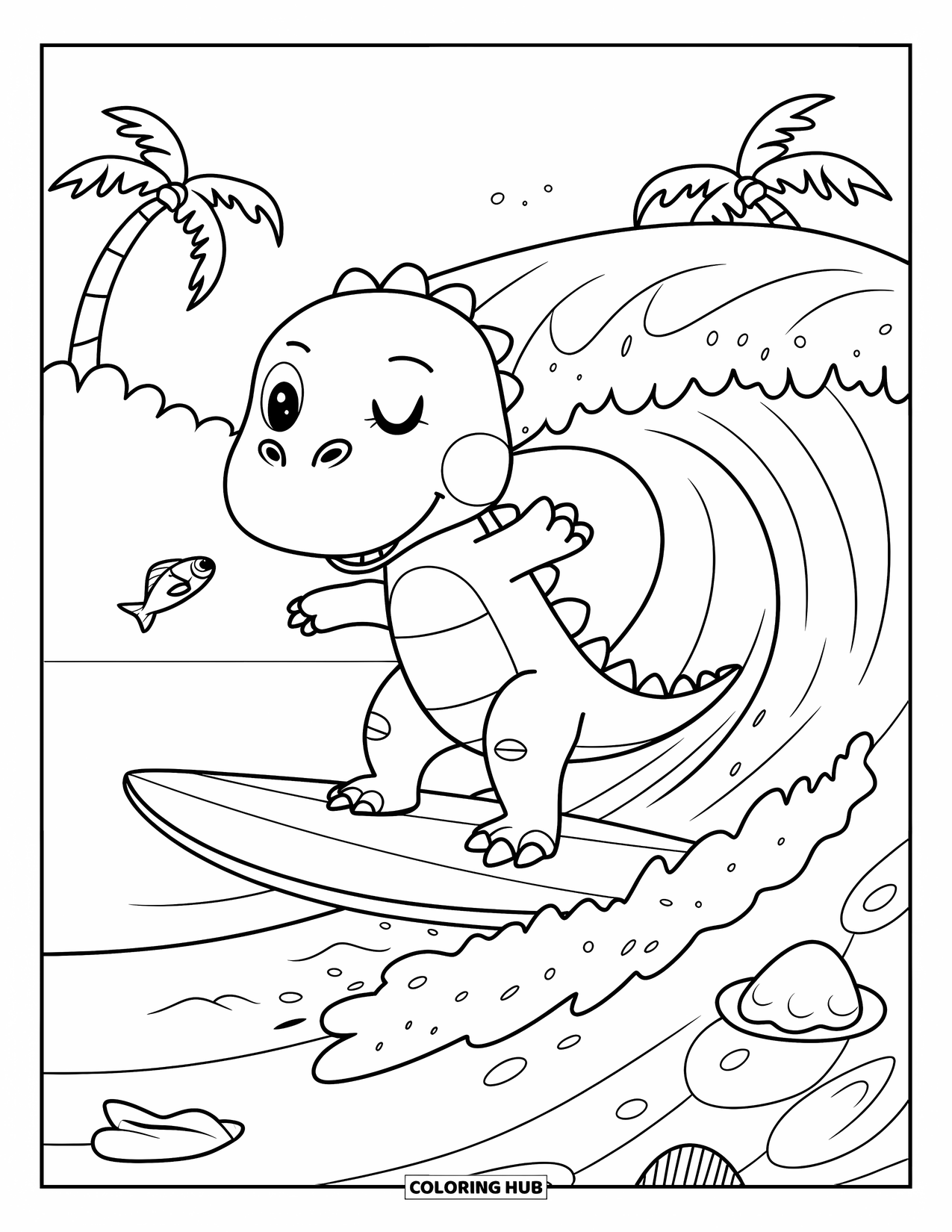 Dinosaur Coloring Page for Adults: A straw-hatted dino surfs a wave with seashells in the foamy water
