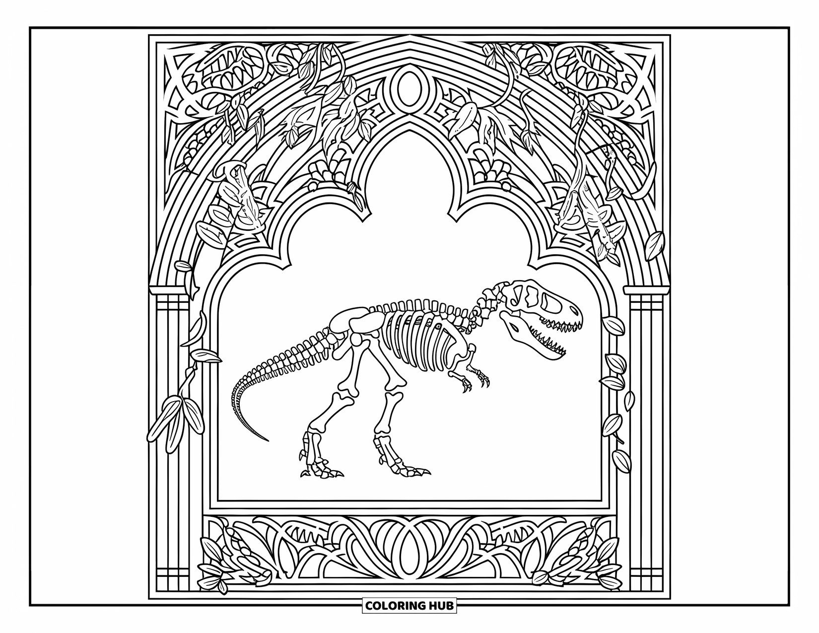 Dinosaur Coloring Page for Adults: A T-Rex skeleton framed by vines and skulls in a gothic-style border