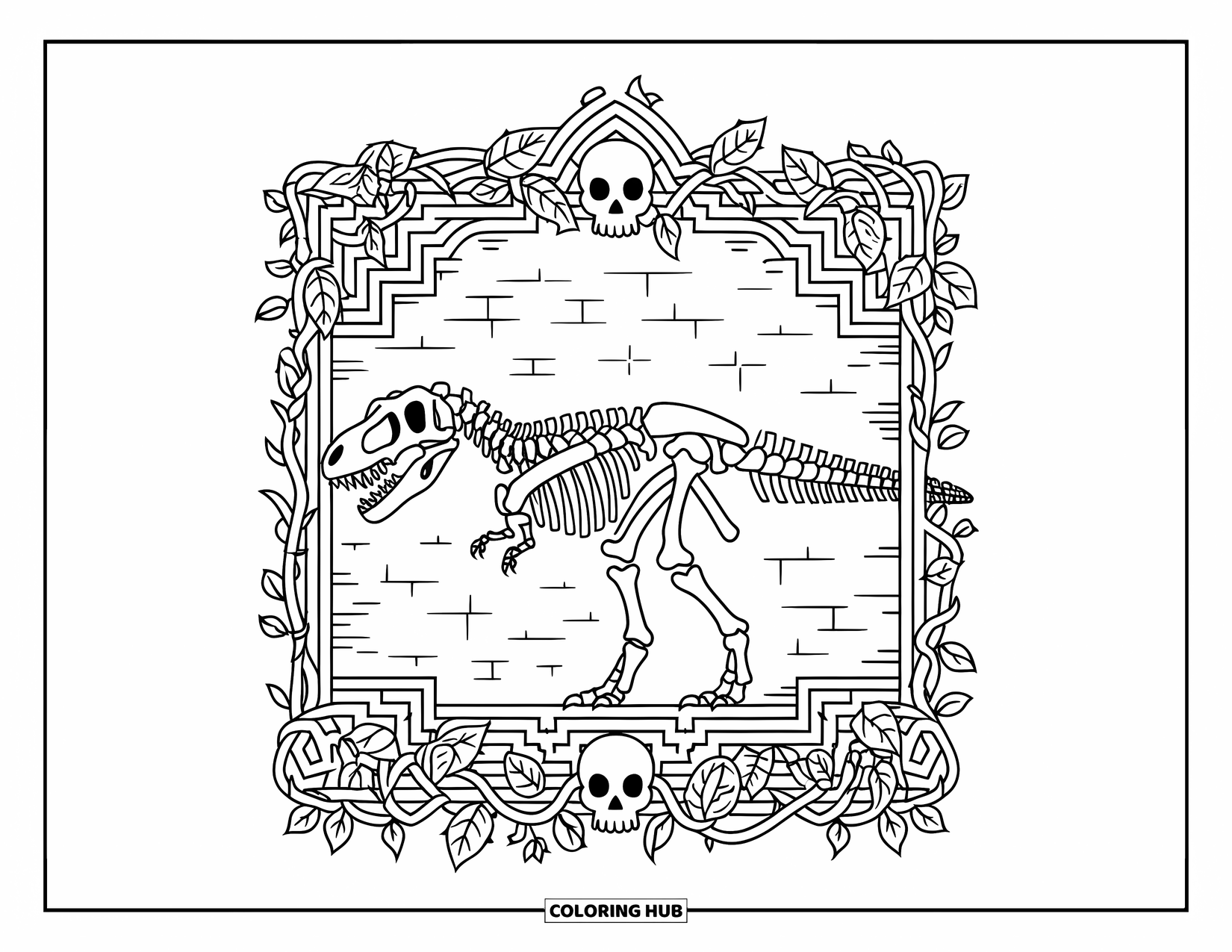 Dinosaur Coloring Page for Adults: A T-Rex skeleton in a gothic border with vines and a stone wall behind