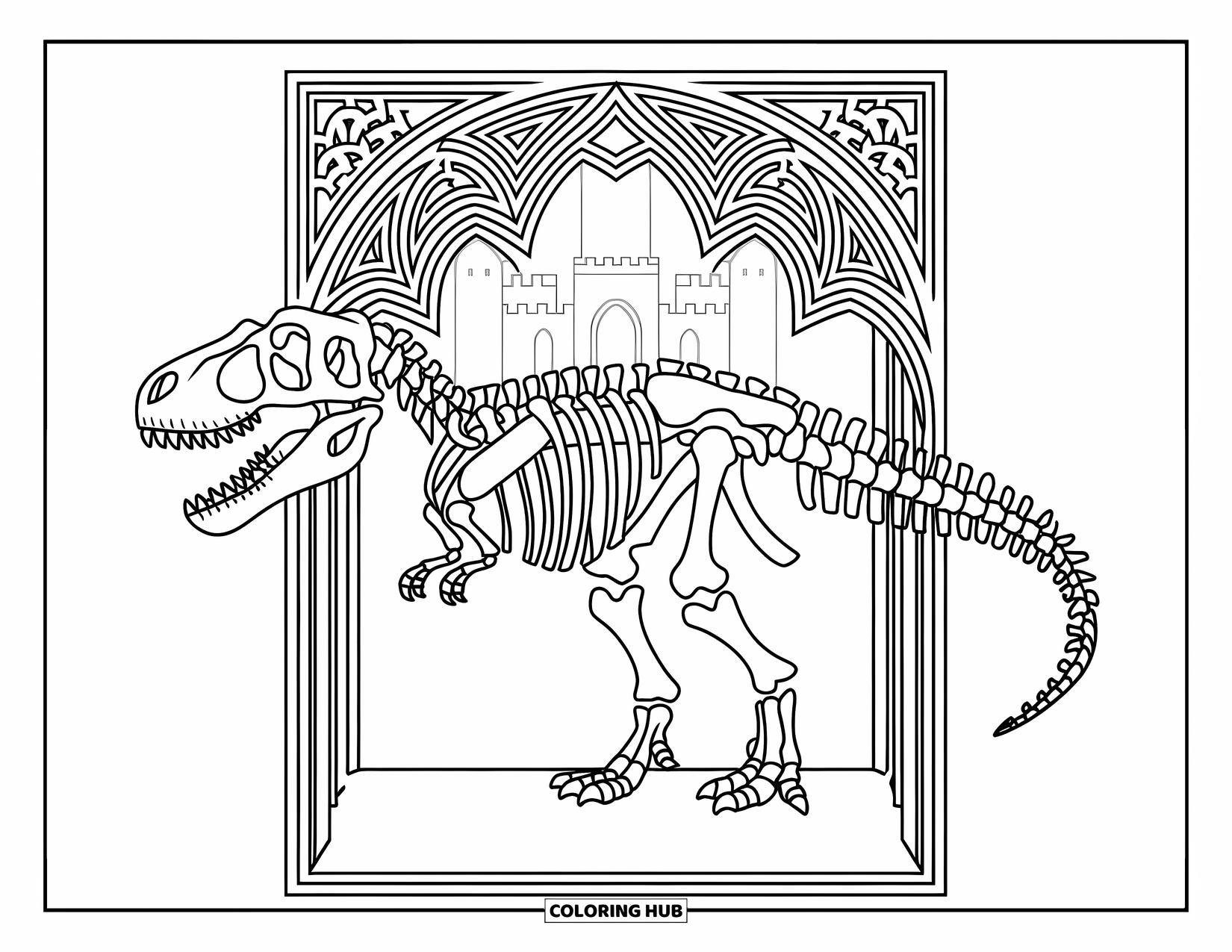 Dinosaur Coloring Page for Adults: A T-Rex skeleton with a gothic border stands before a detailed castle