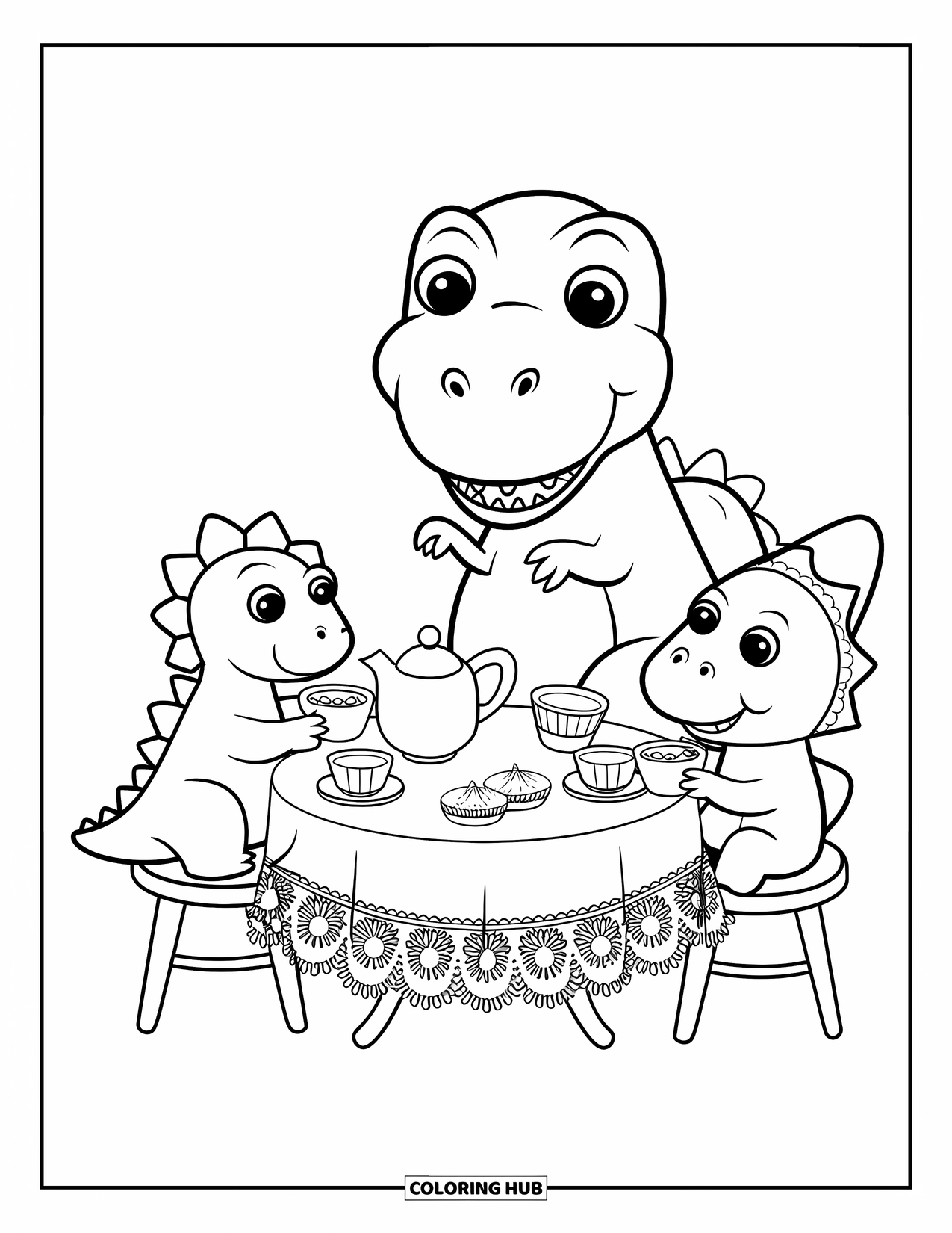 Dinosaur Coloring Page for Adults: A T-Rex, Stegosaurus, and Triceratops have tea with cupcakes and sandwiches