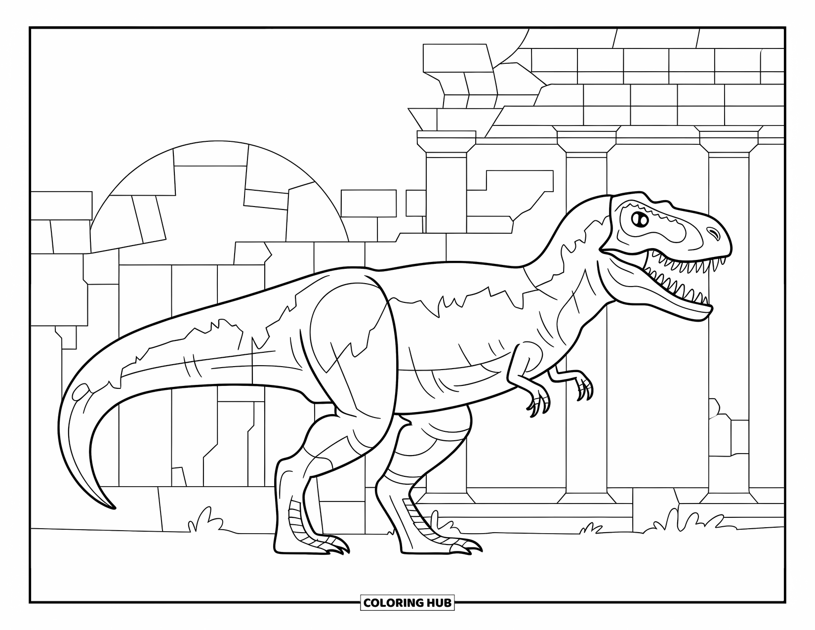 Dinosaur Coloring Page for Adults: A T-Rex with cracks and moss stands against temple ruins with columns