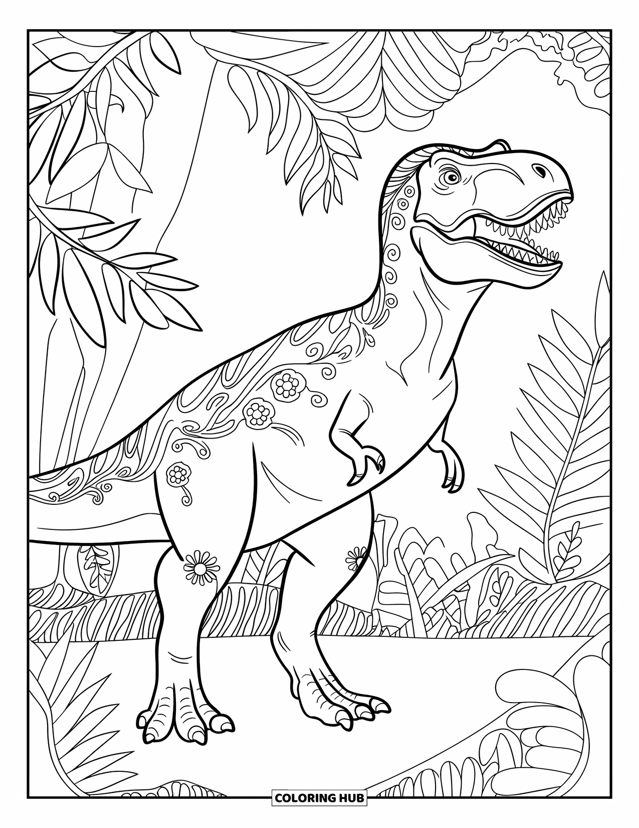 Dinosaur Coloring Page for Adults: A T-Rex with floral patterns stands in a dense prehistoric jungle