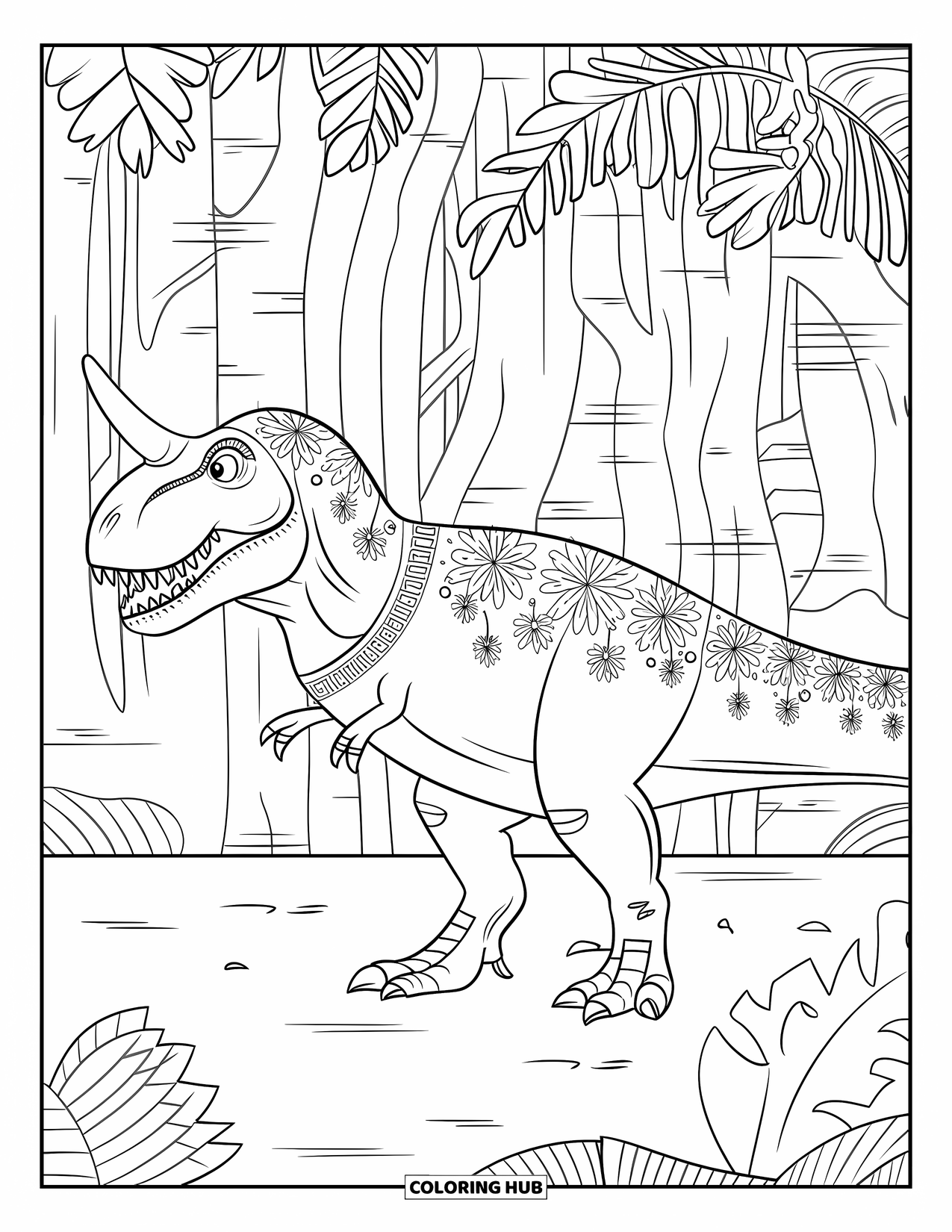 Dinosaur Coloring Page for Adults: A T-Rex with swirling patterns stands in a jungle with leafy plants