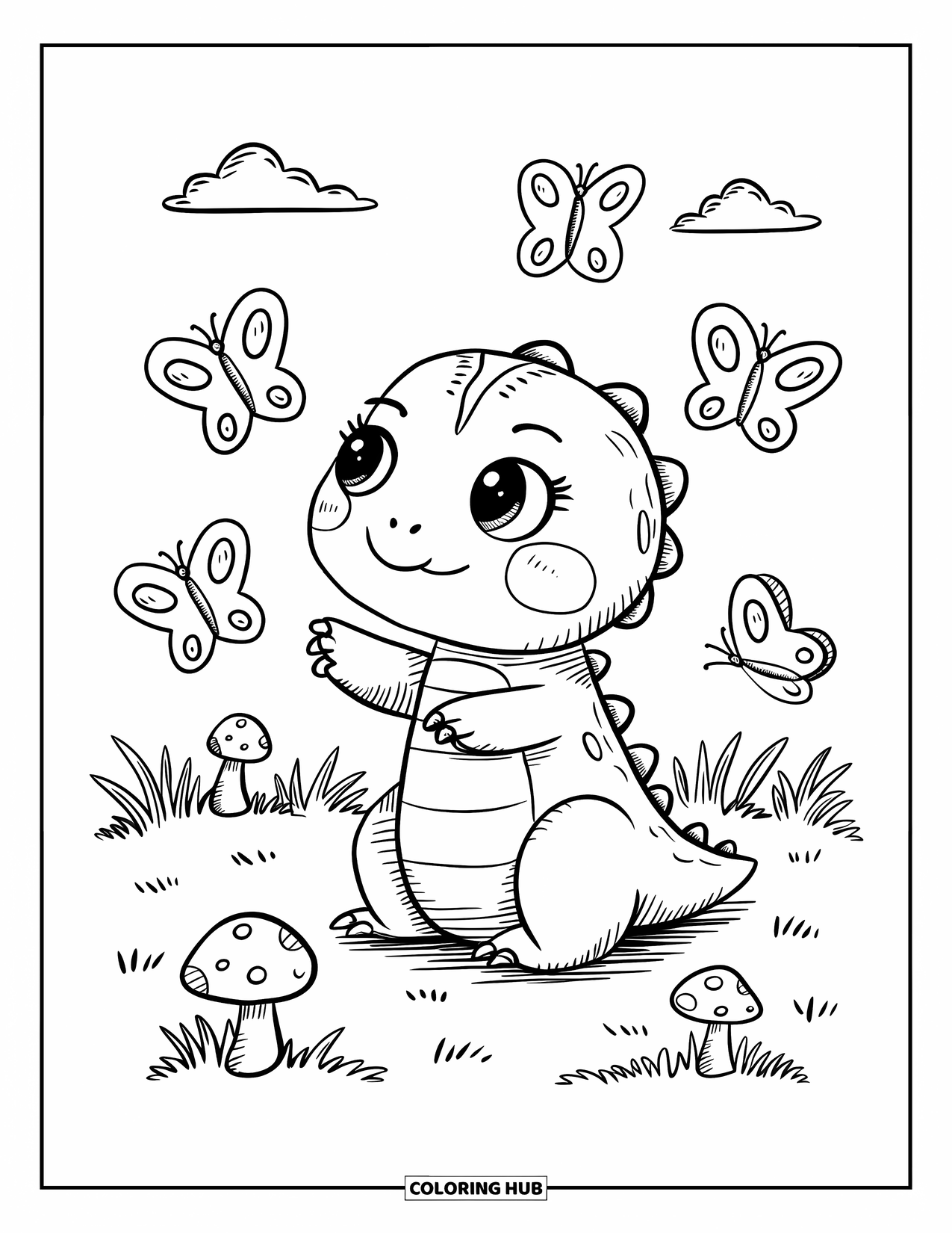 Dinosaur Coloring Page for Adults: A tiny dino sits in a field, reaching for butterflies with clouds above