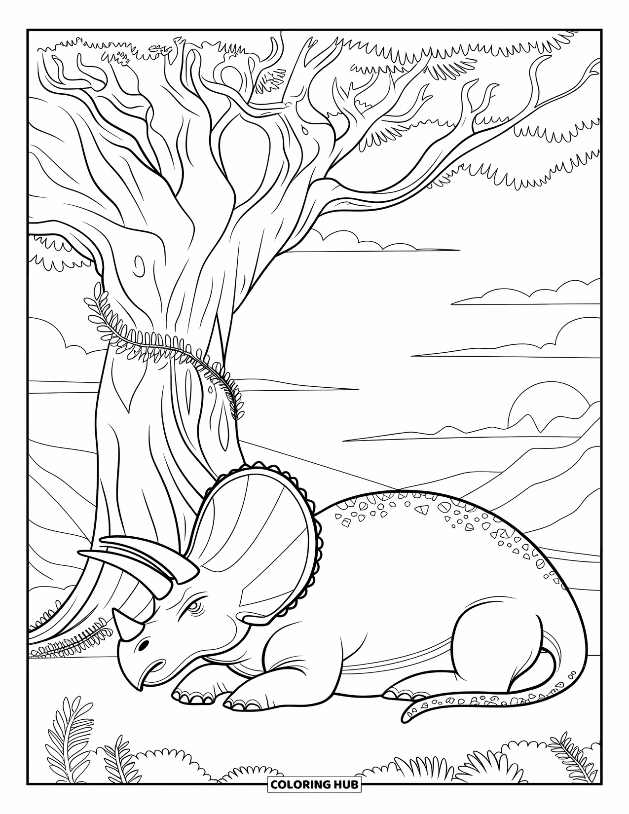 Dinosaur Coloring Page for Adults: A Triceratops relaxes under a large tree with vines and leaves