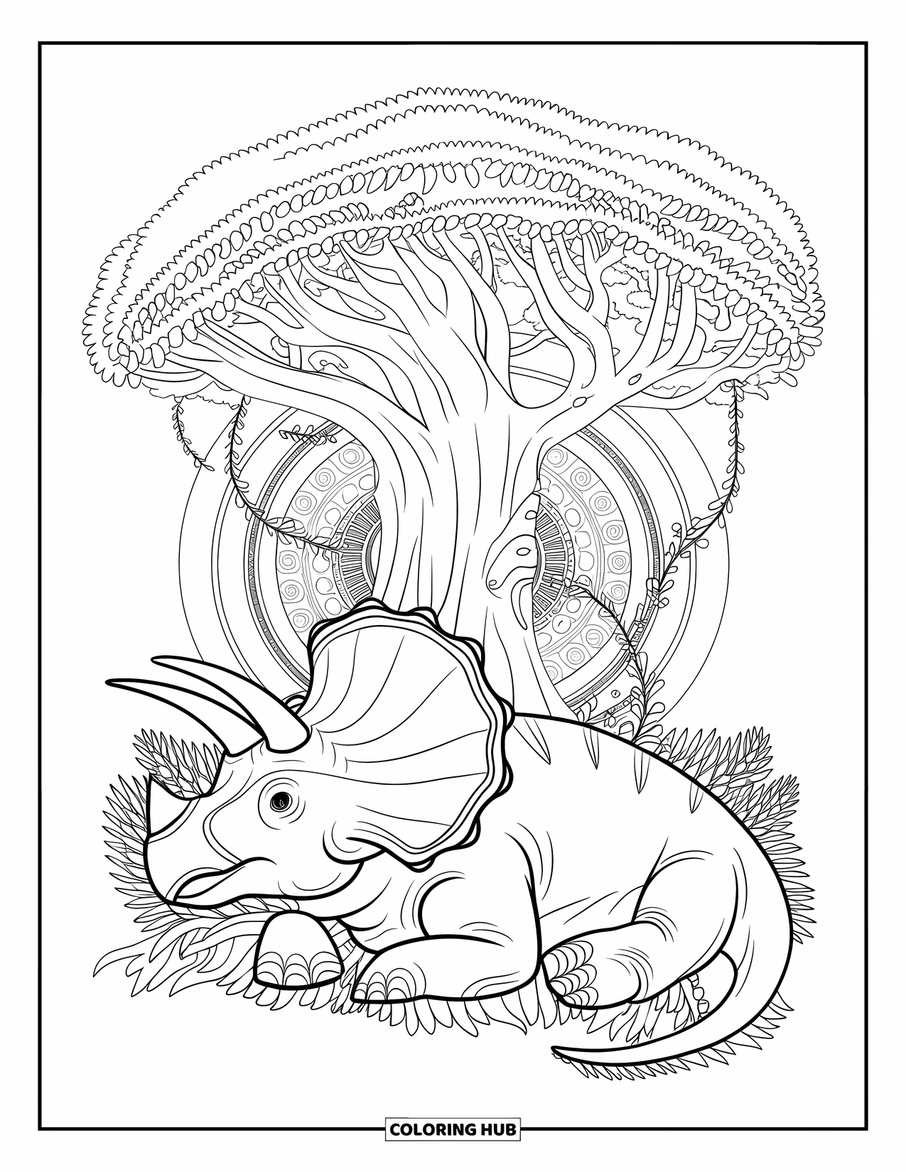 Dinosaur Coloring Page for Adults: A Triceratops rests peacefully under a detailed ancient tree