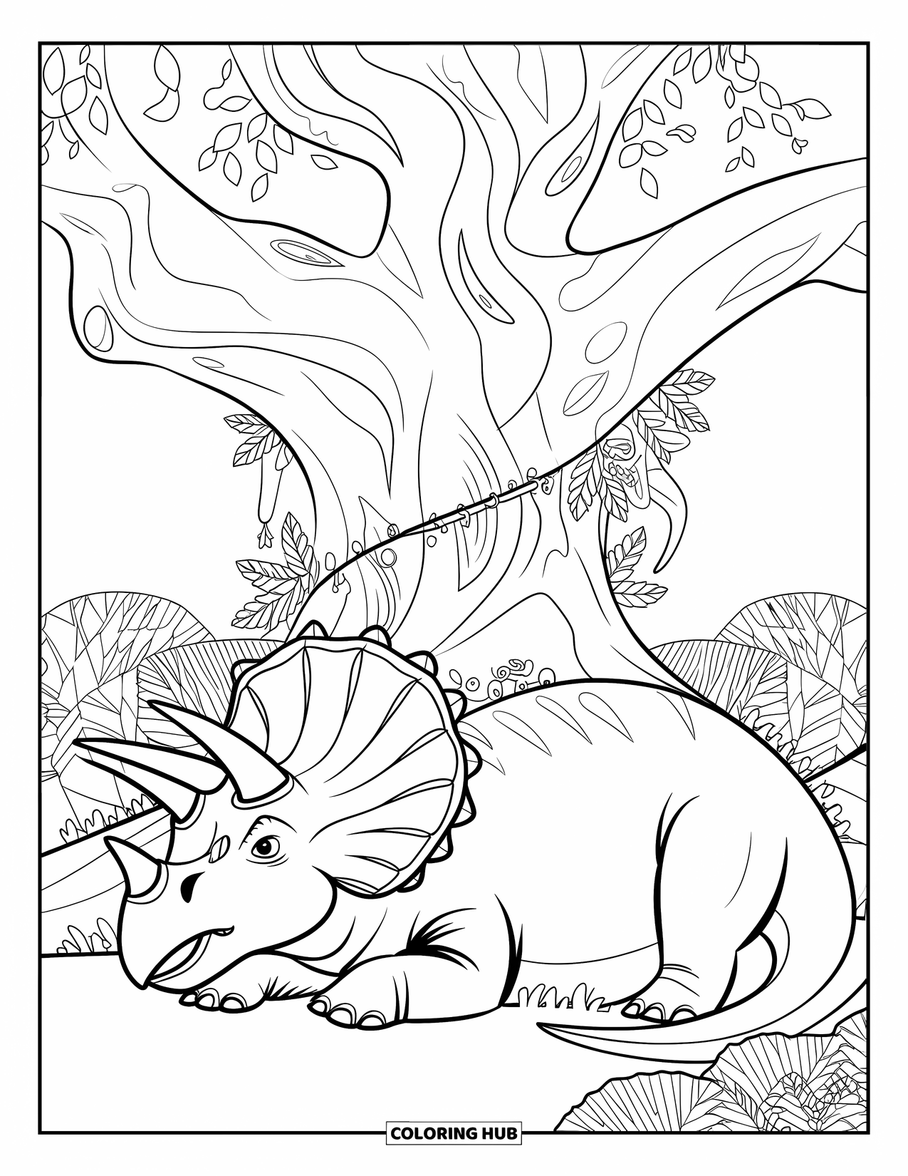 Dinosaur Coloring Page for Adults: A Triceratops rests under an ancient tree with vines around its horns