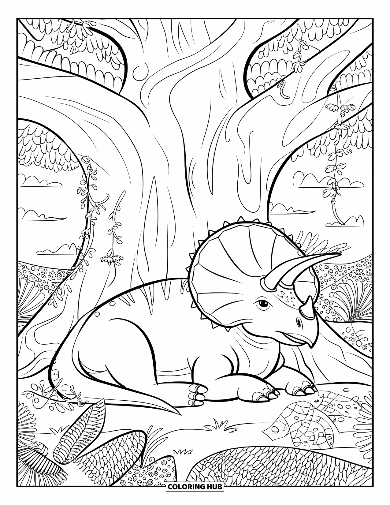 Dinosaur Coloring Page for Adults: A Triceratops with vines on its horns rests under a patterned tree