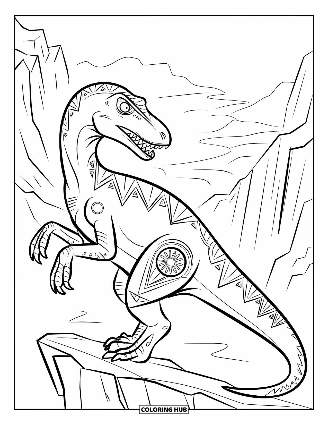 Dinosaur Coloring Page for Adults: A Velociraptor with geometric designs perches on a rocky ledge above a misty valley