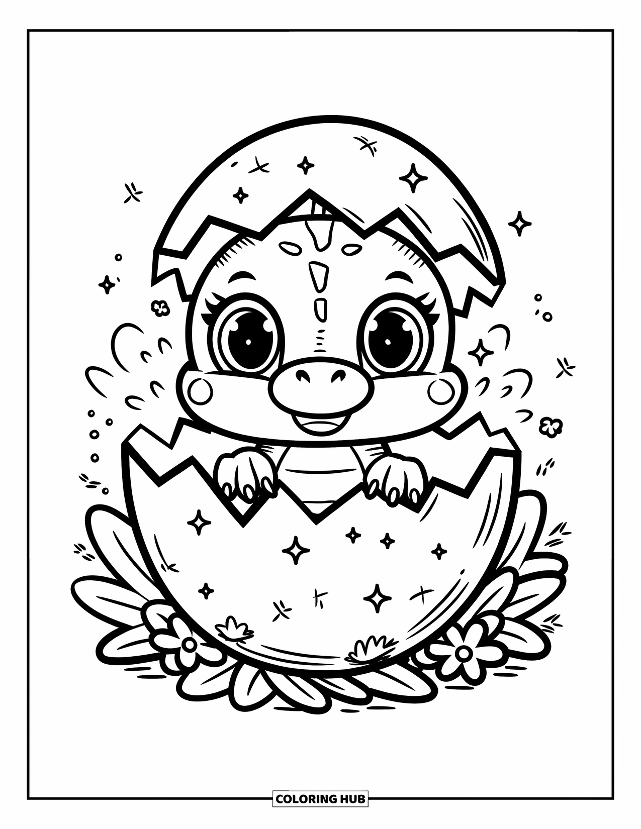 Dinosaur Coloring Page for Adults: A wide-eyed dino hatches from a sparkly egg on a soft nest