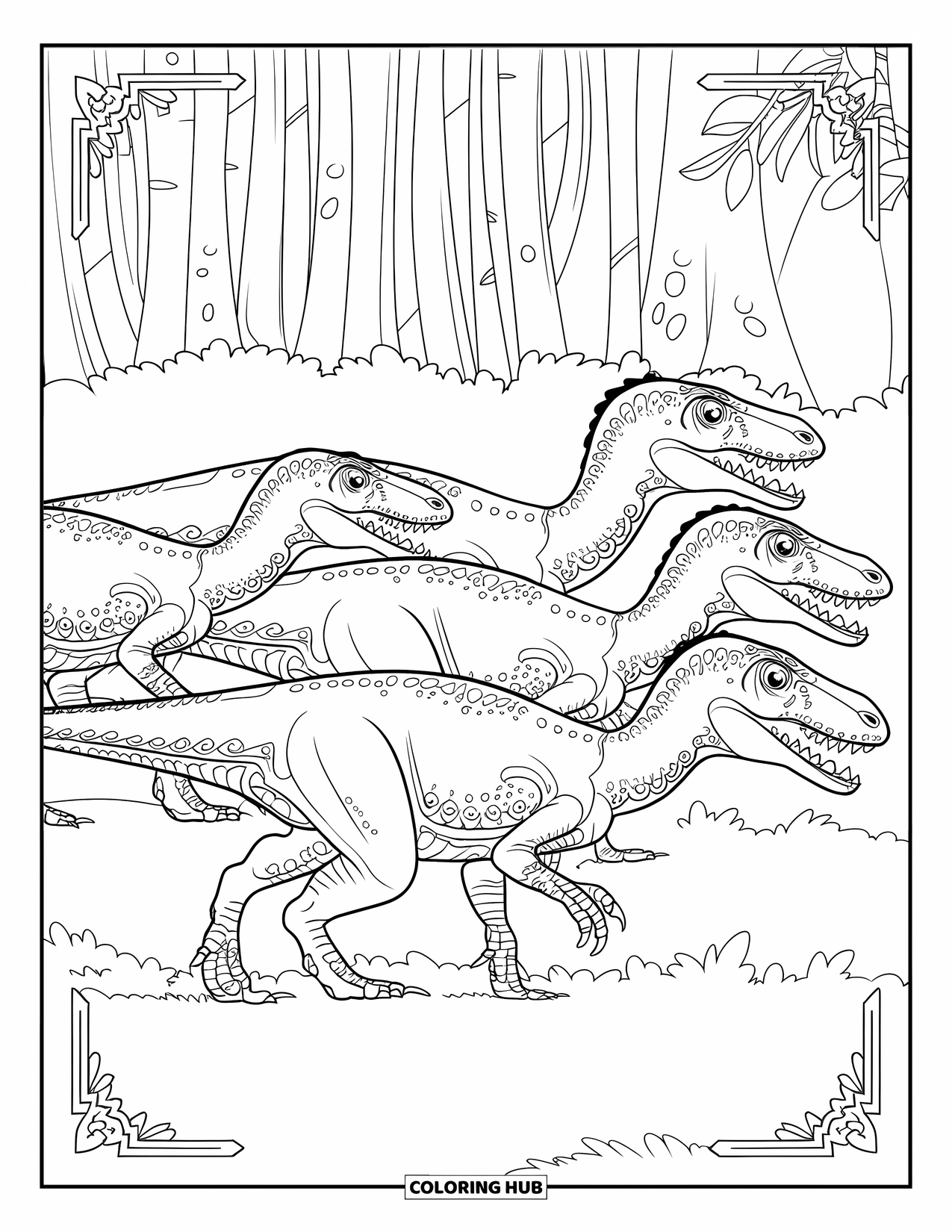 Dinosaur Coloring Page for Adults: Velociraptors with dot work and patterns run through a jungle