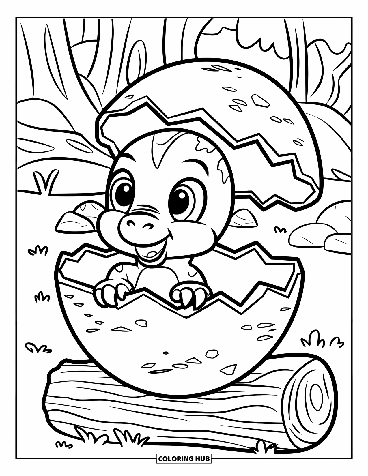 Dinosaur Coloring Page for Kids: A baby dinosaur peeks out of a cracked egg on a log